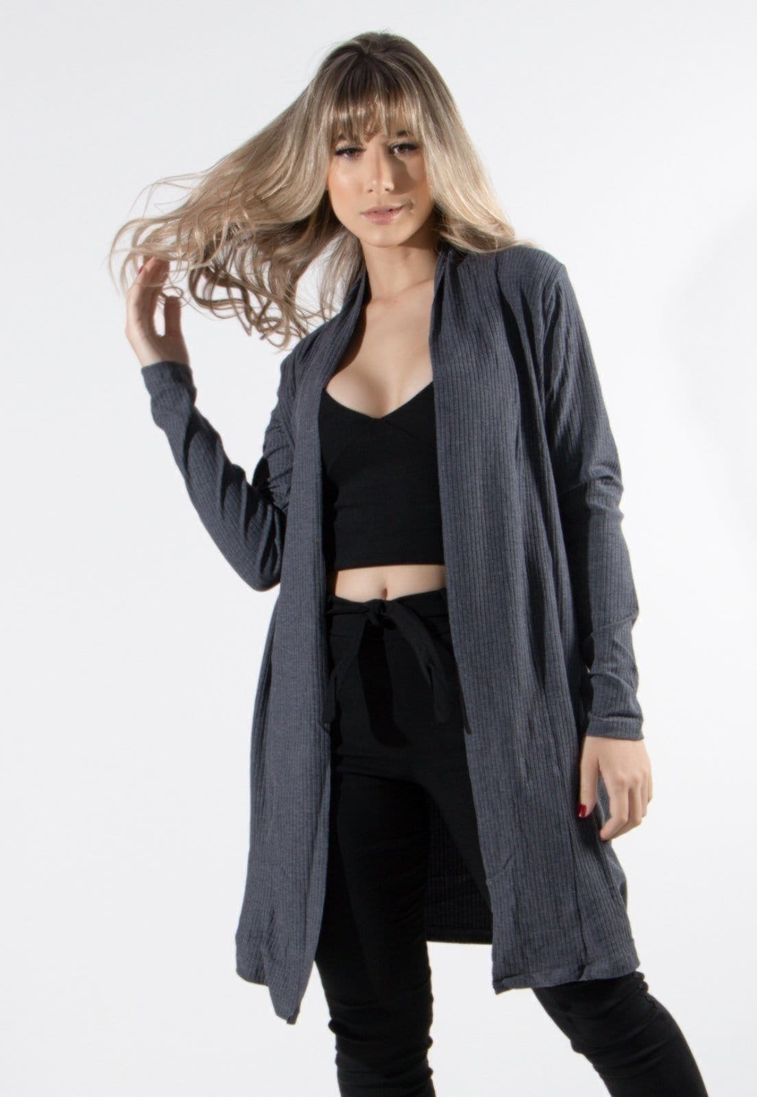 Vista 2 Cardigan Kimono Vekyo Canelado Chumbo VEKYO multicolorido