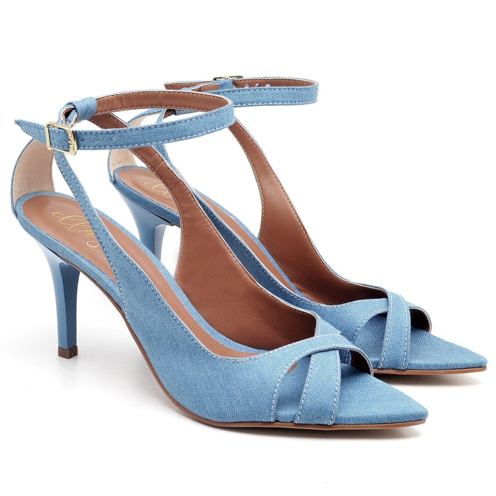 Sandália Salto Médio Feminina Bico Folha Jeans Delave