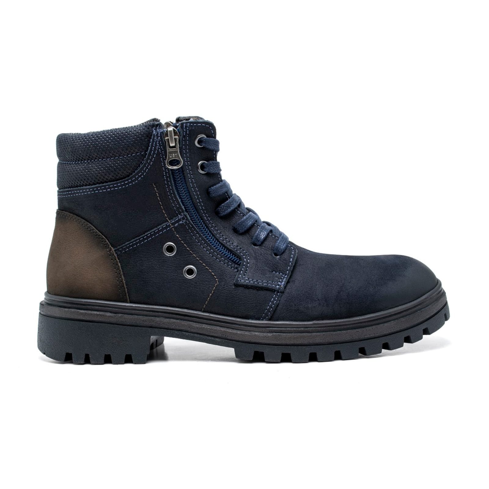 Vista 2 Coturno Adventure Bota Couro Masculino Solado Tratorado Colarinho Espumado Amarração Casual Conforto Marinho FRANCA GRIFFE azul marinho