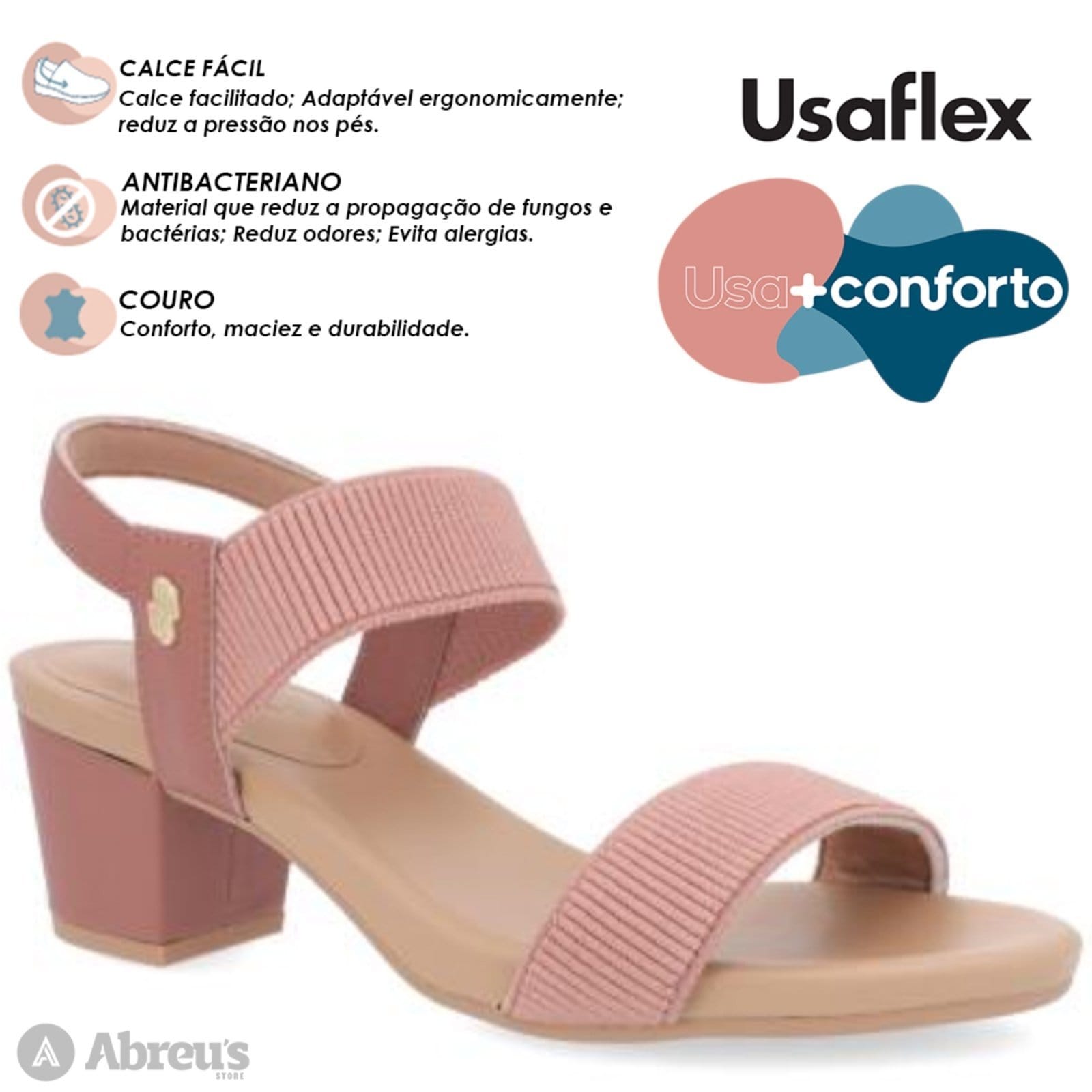 Vista 2 Sandália Salto Bloco Usaflex Elástico Y8204 Conforto Vintage Usaflex rosa