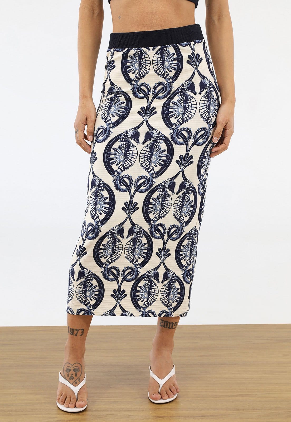 Saia Feminina FARM Midi Estampada Off-White