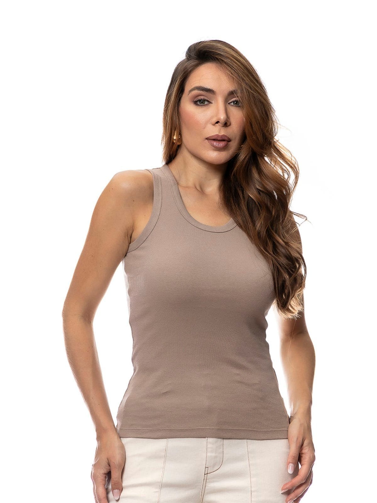 Vista 2 Kit 5 Regatas Básicas Ribana Kaqui, Preta, Salmão e Amarela- 50498 Crocker azul