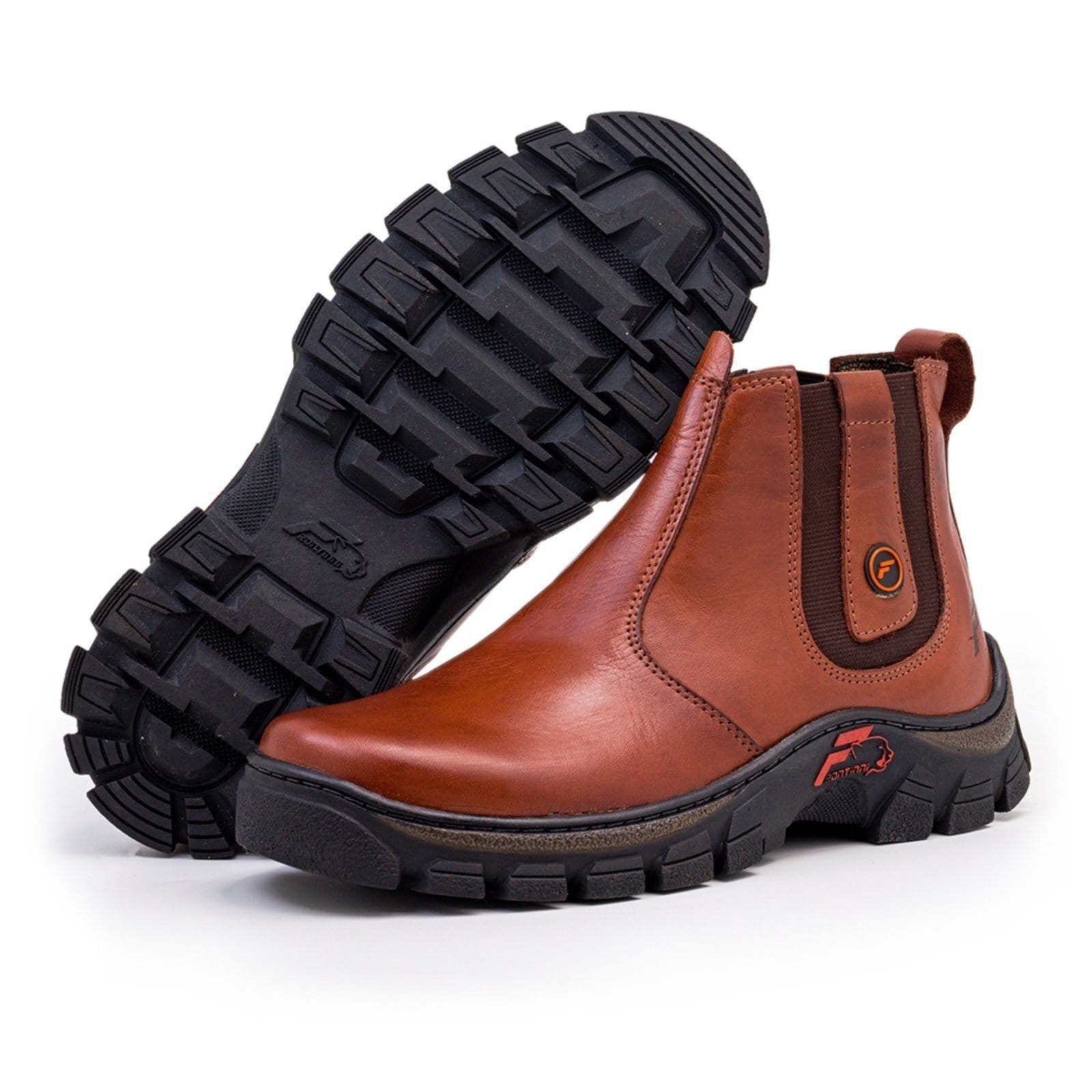 Botina Masculina Tratorada em Couro Palmilha Gel Ortopédica Conhaque