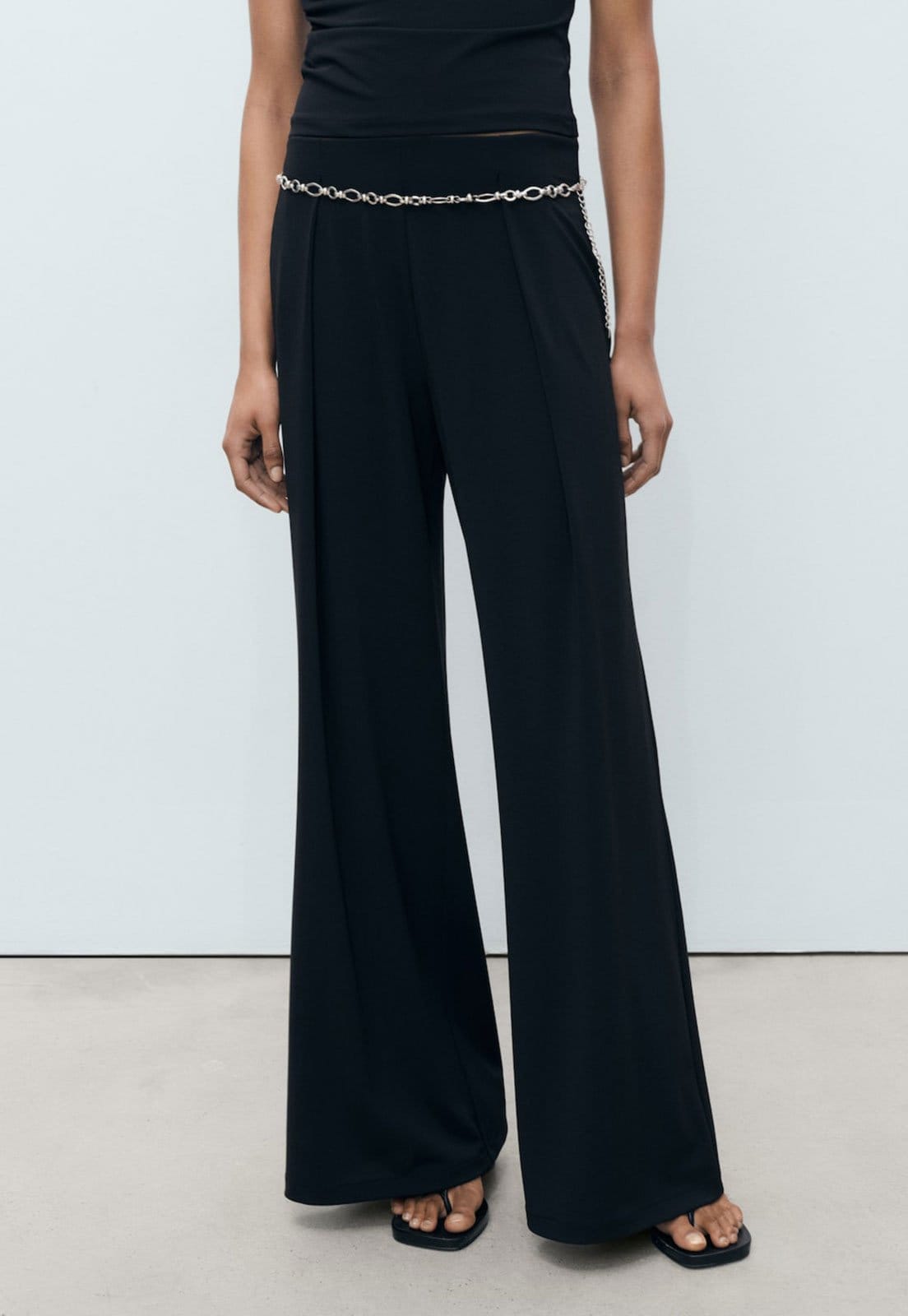 Calça Canelada Mango Wide Leg Leo Preta