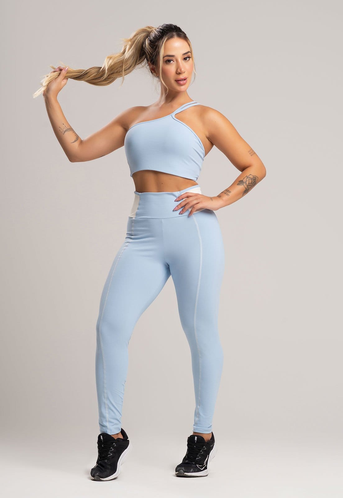 Calça Legging MVB Modas Cós Off White Cintura Alta Feminina Poliamida Céu