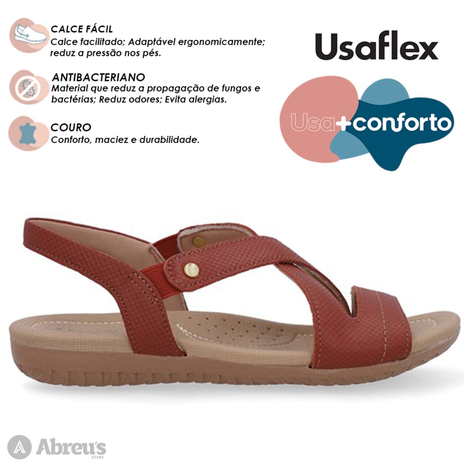 Vista 2 Sandália Usaflex Rasteira Couro Elastico Conforto R1804 Terracota - 168 Usaflex marrom