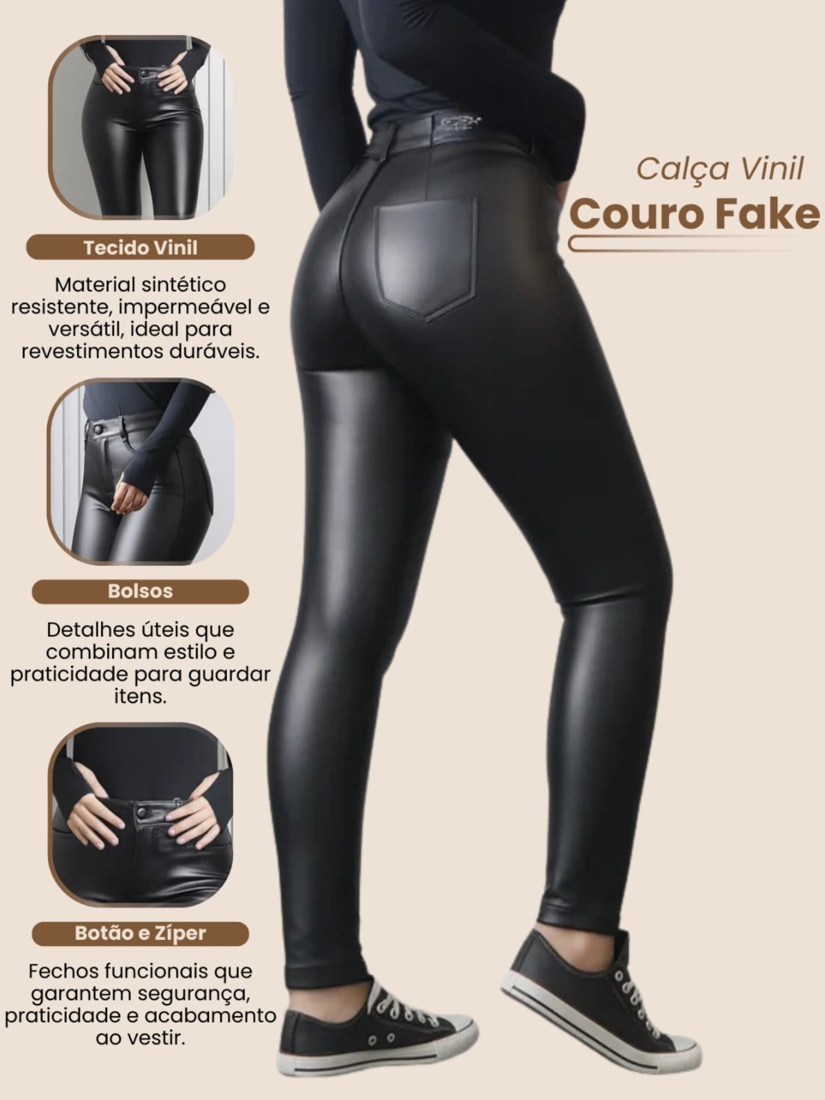 Vista 2 Calça Feminina Skinny Vinil Couro Falso Forrada Vicio Fatal preto