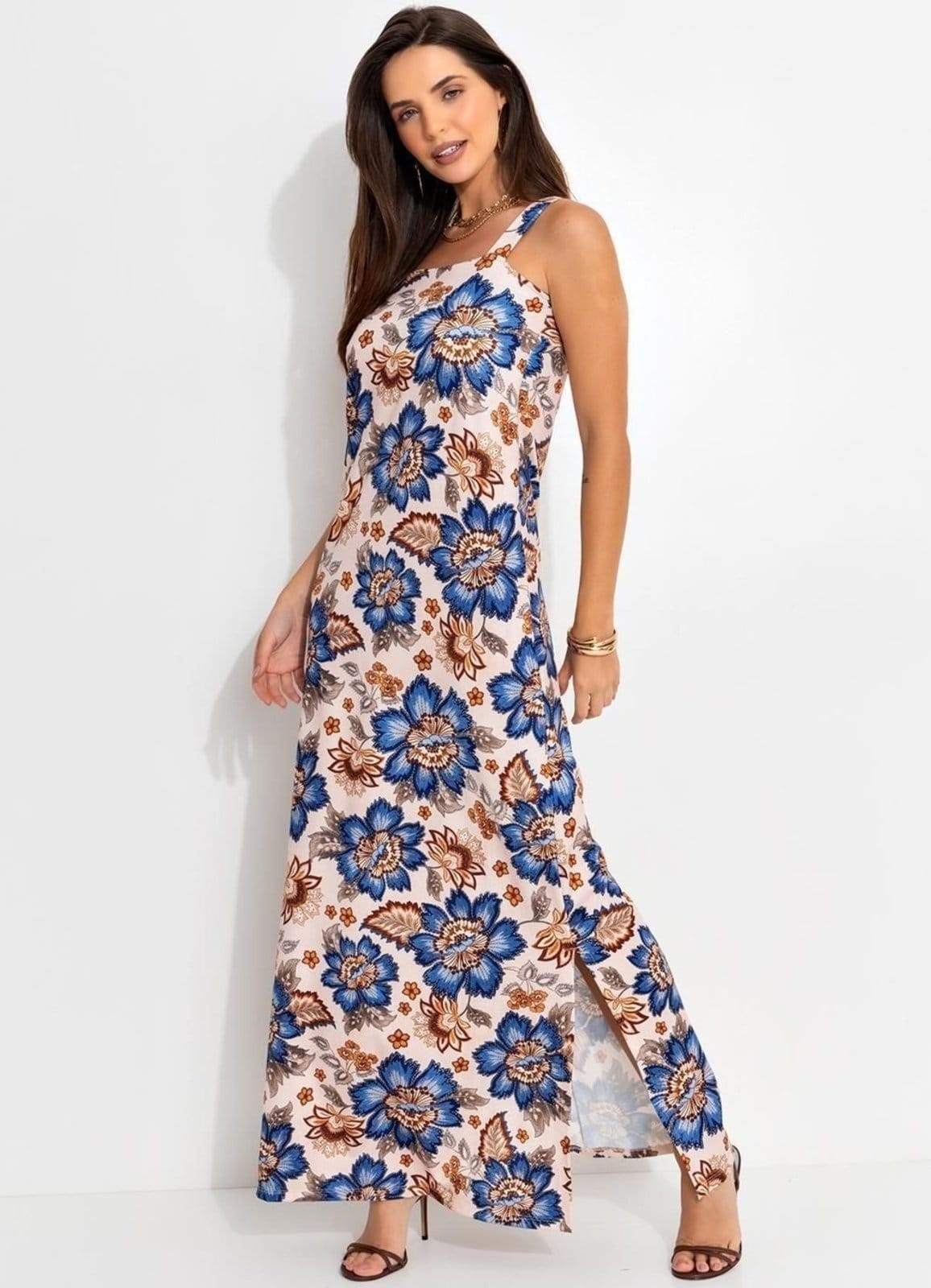 Vista 2 Vestido Feminino Floral Bordado Em Malha Fria Quintess bege