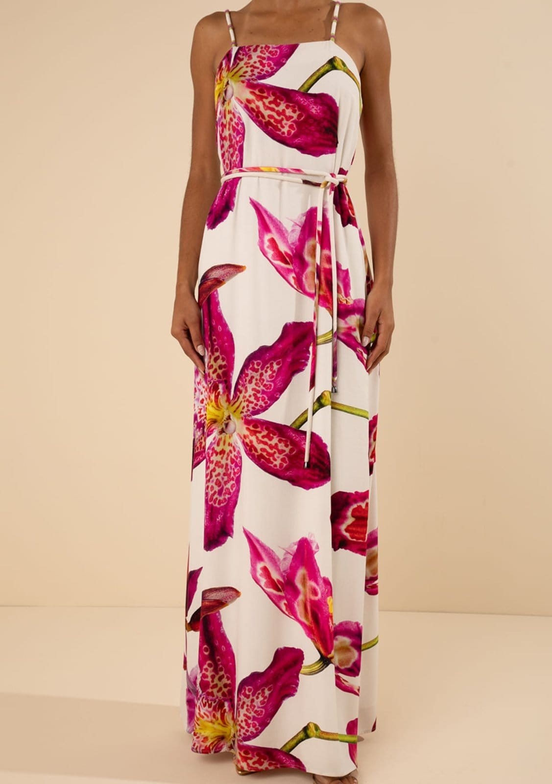 Vista 2 Vestido Morena Rosa Solto Decote Reto Com Alça Longo Estampado Morena Rosa estampado rosa