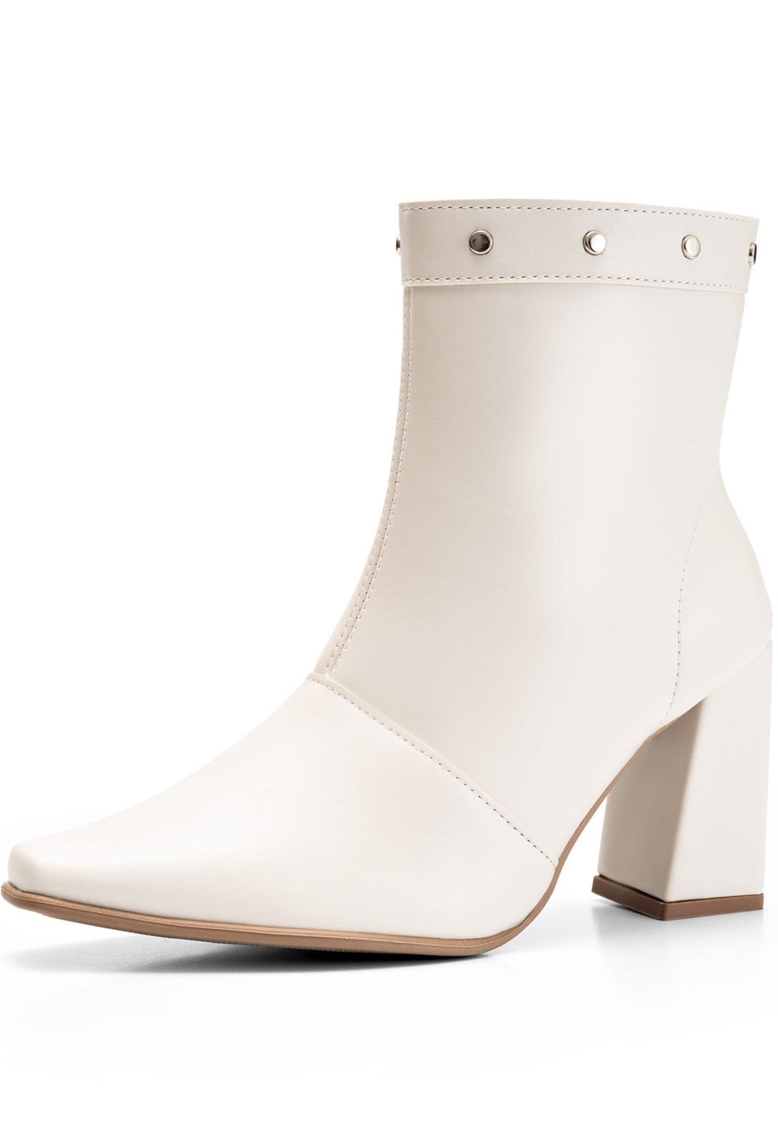 Bota Feminina Lumiss Salto Alto Bloco Cano Baixo Rebite Spike Off White