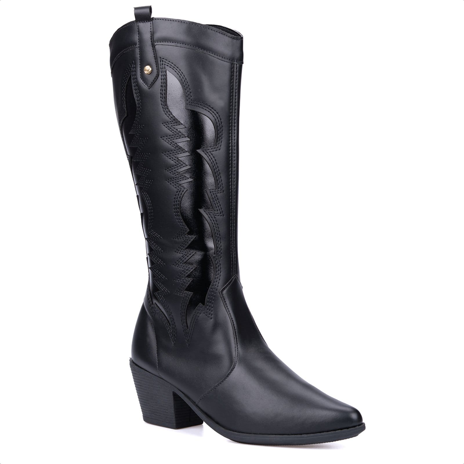 Bota Texana Domidona Feminina Western Cano Longo Preta Metalizado Bico Fino