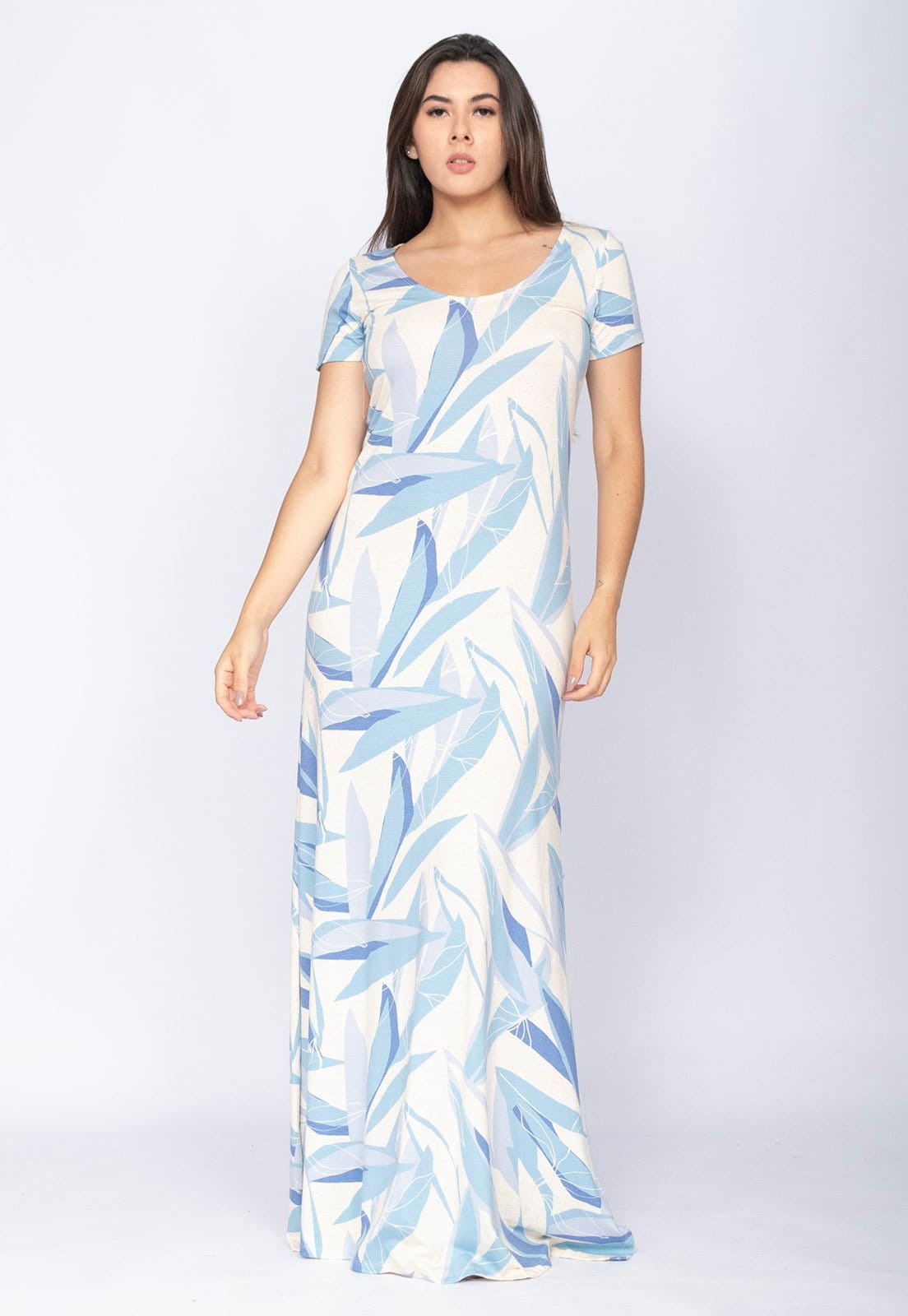 Vestido CabanaFree Longo Malha Gola Canoa Manga Curta Estampa Selvagem Blue