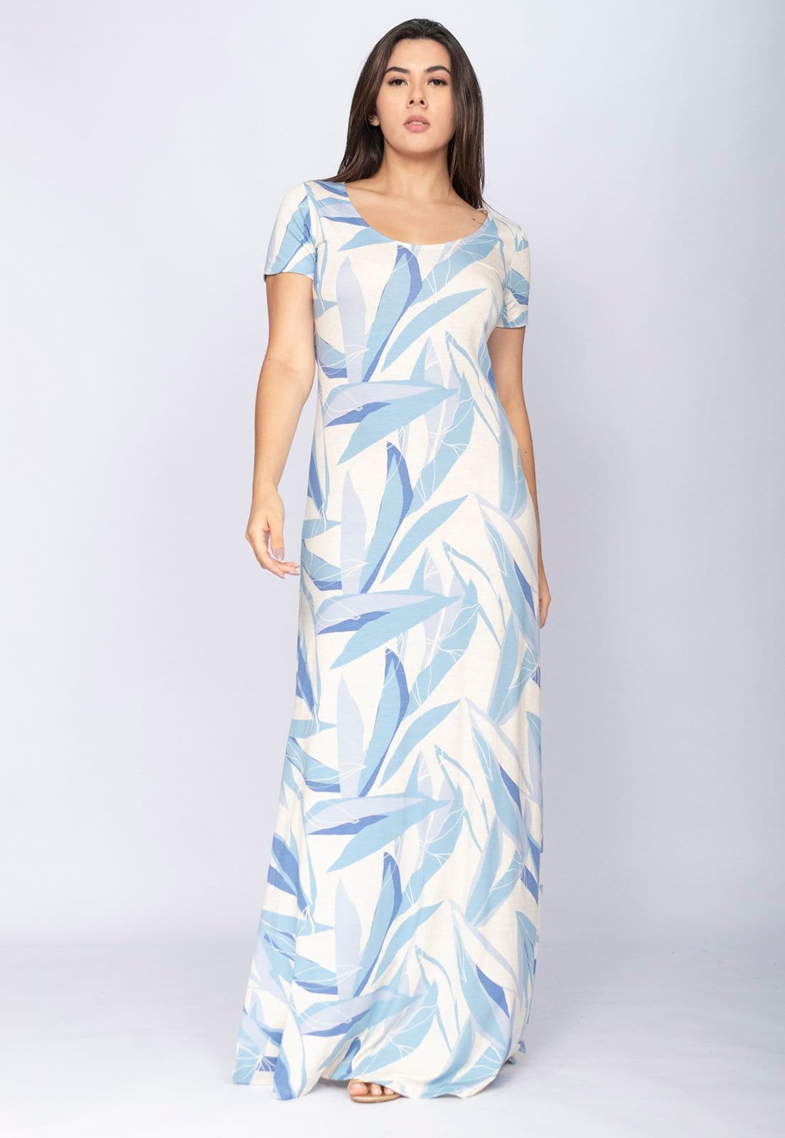 Vista 2 Vestido CabanaFree Longo Malha Gola Canoa Manga Curta Estampa Selvagem Blue Cabanafree azul/estampado blue