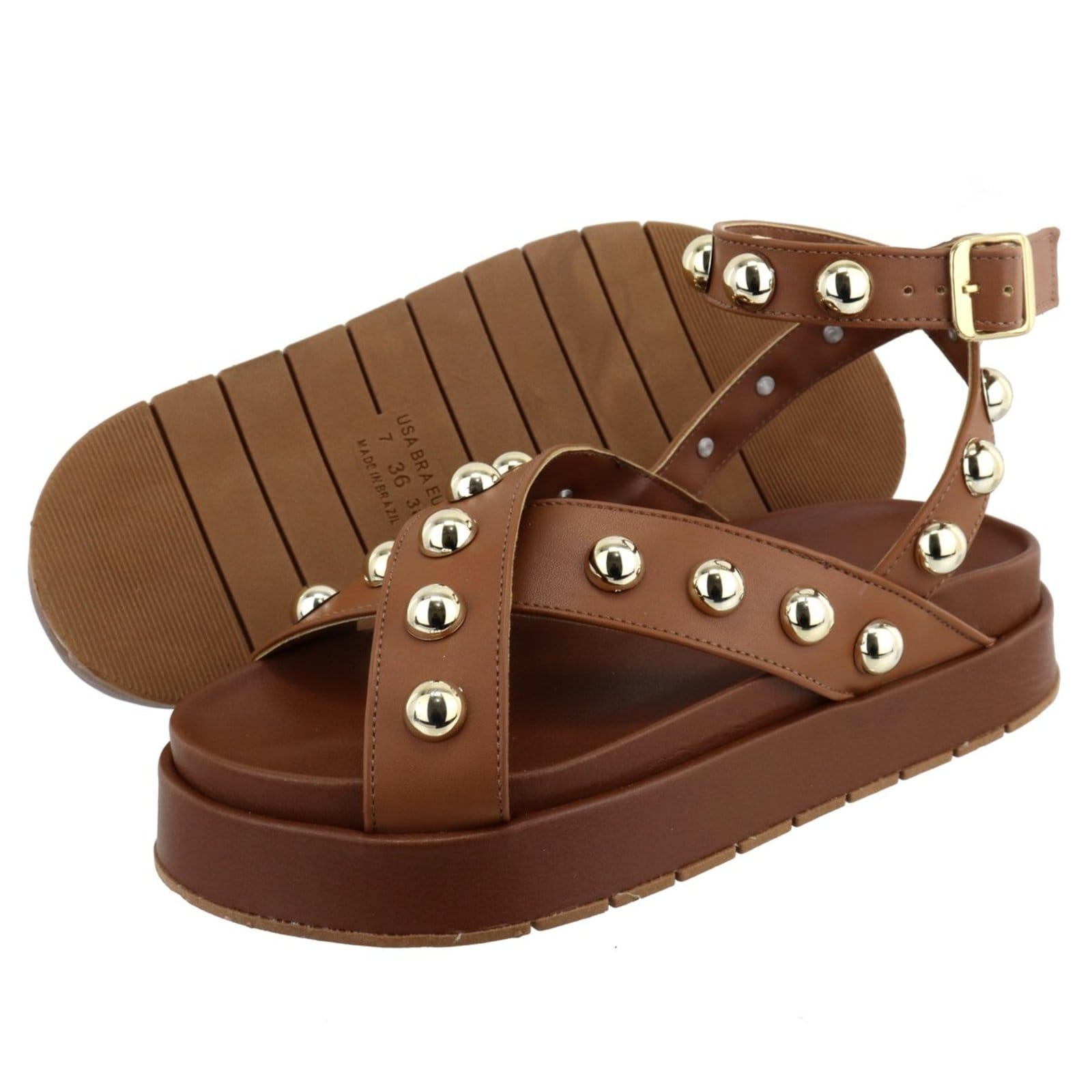 Vista 2 Sandalia Papete Flatform Feminina Bolinhas Sola Alta TELLINI STORE caramelo