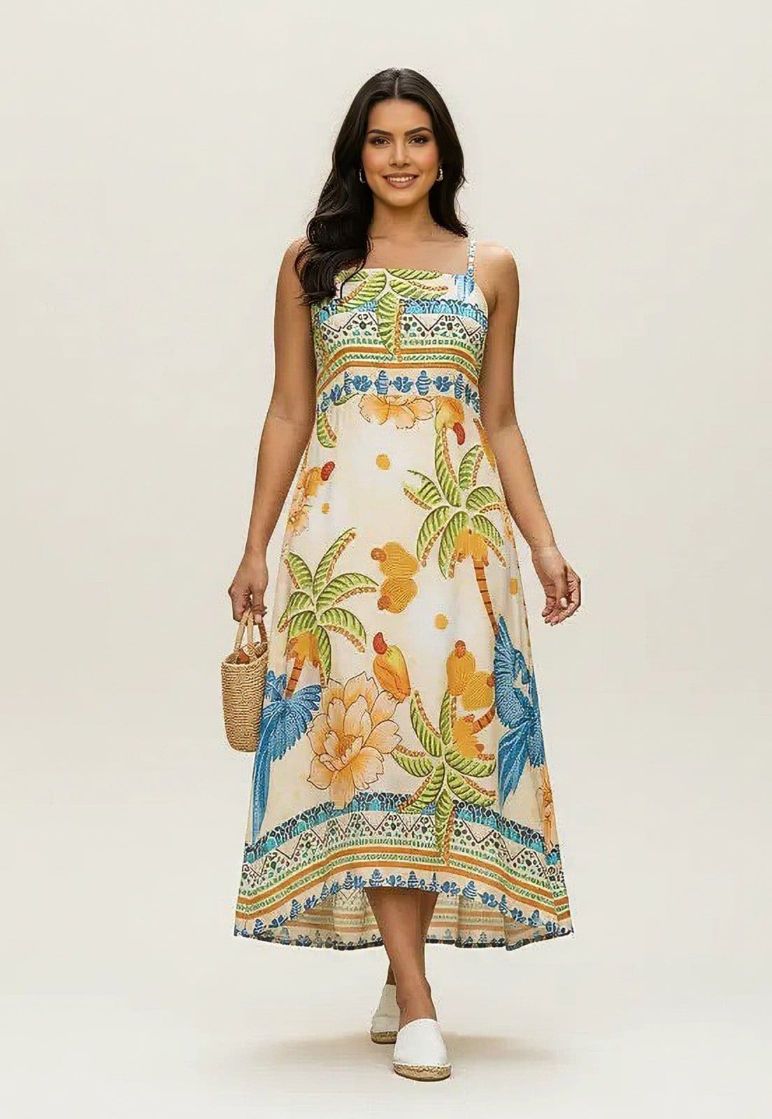 Vestido CabanaFree Midi Alça Fina Estampa Verão Vital