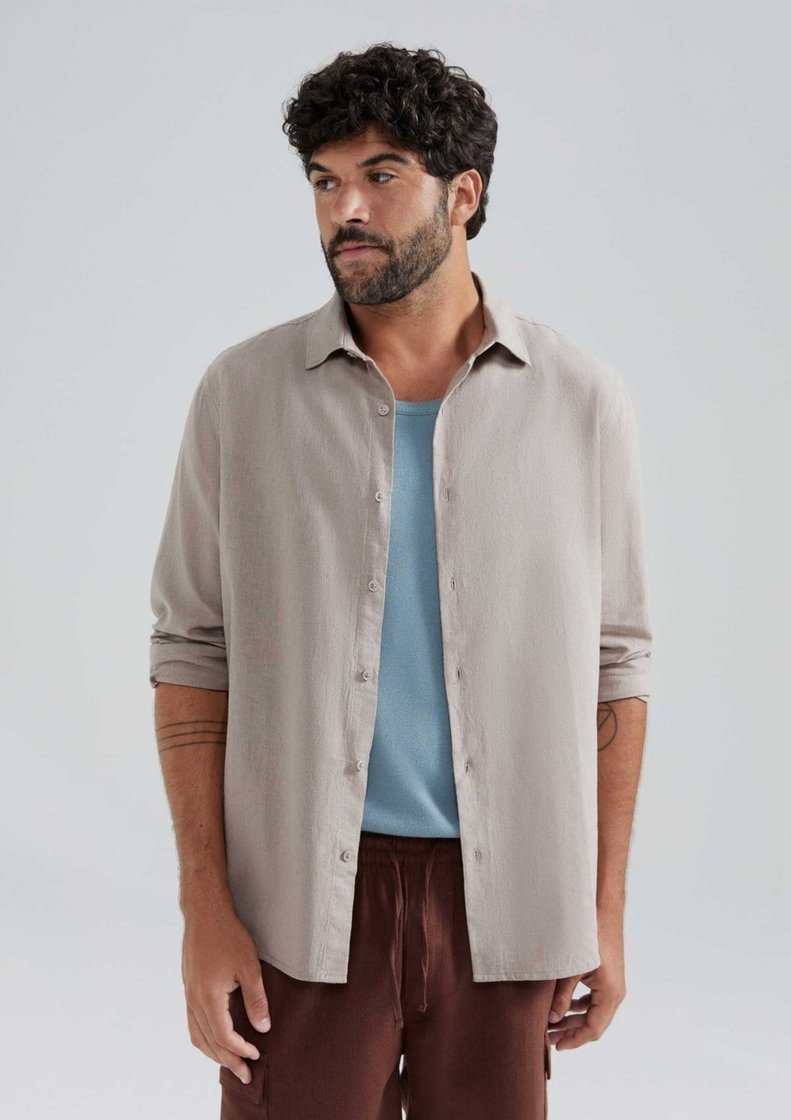 Camisa Masculina Manga Longa Slim Com Linho