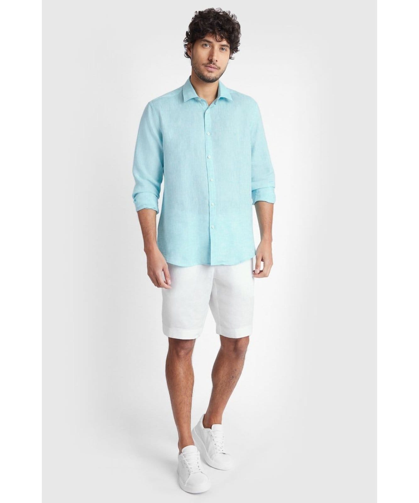 Vista 2 Camisa Aramis Manga Longa Slim Linho Irlandês Aqua - G Aramis azul aqua