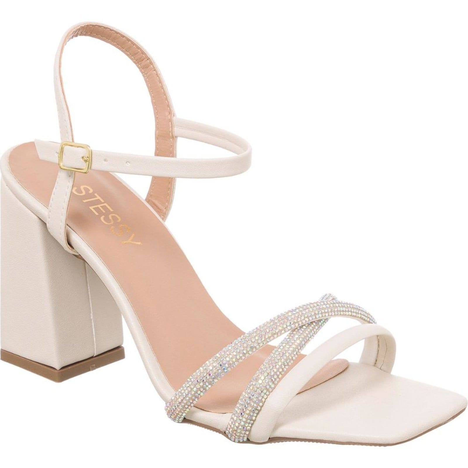 Sandália Feminina Brilho Strass Salto Alto Bloco Tiras Off White