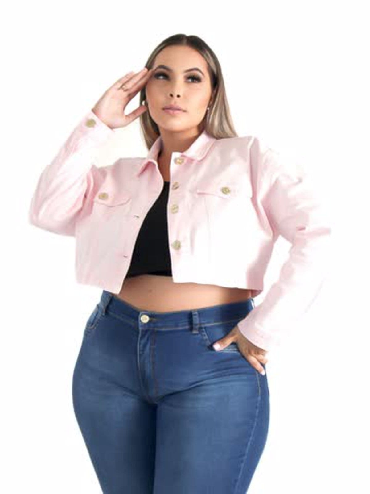 Vista 2 Jaqueta Feminina Sarja Plus Rose Cropp Razon Jeans rosa rose