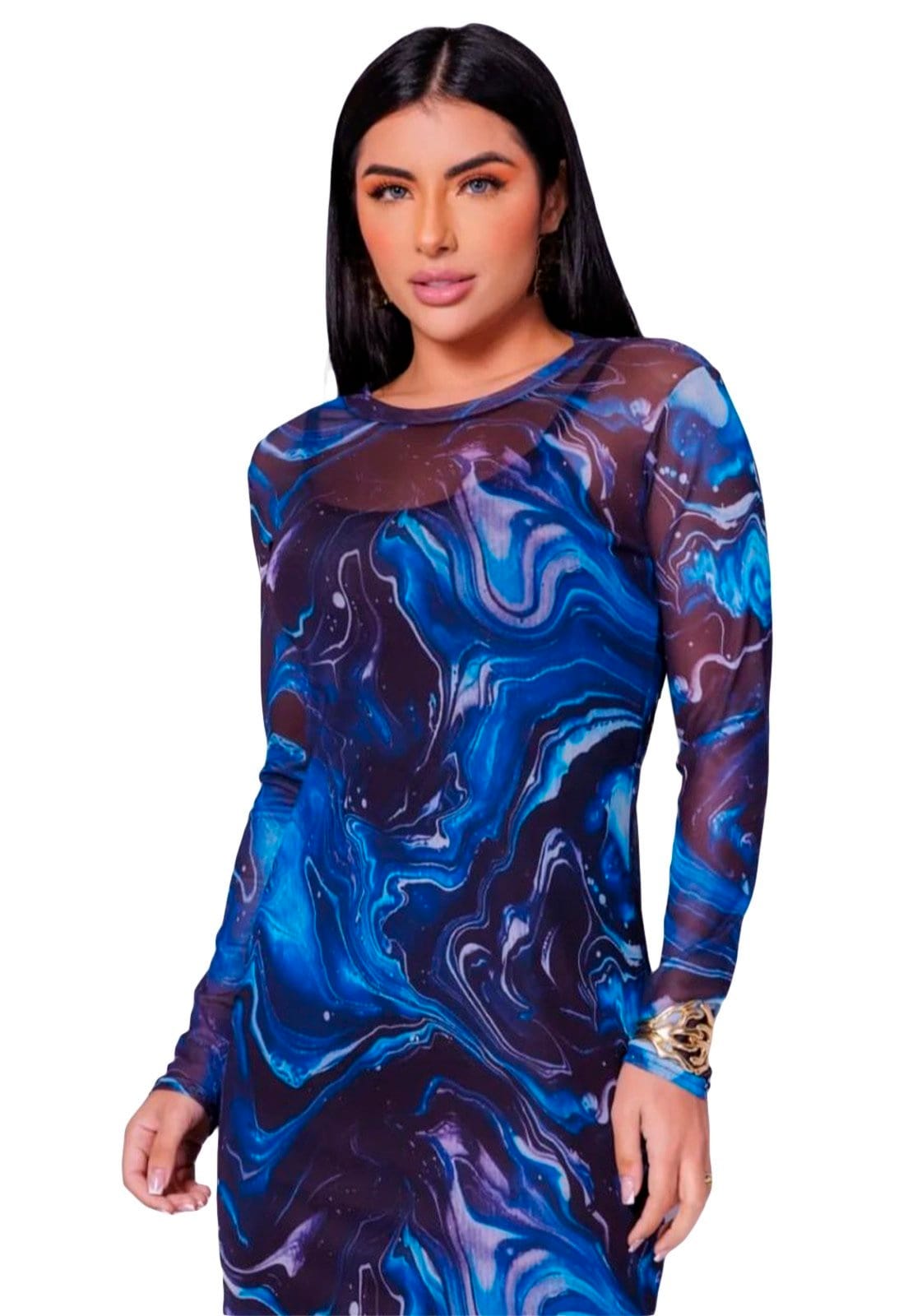 Vista 2 Vestido Tule Ywc ind Curto Manga Longa 2em1 Estampados Diversos Estampa azul YWC ind estampado azul