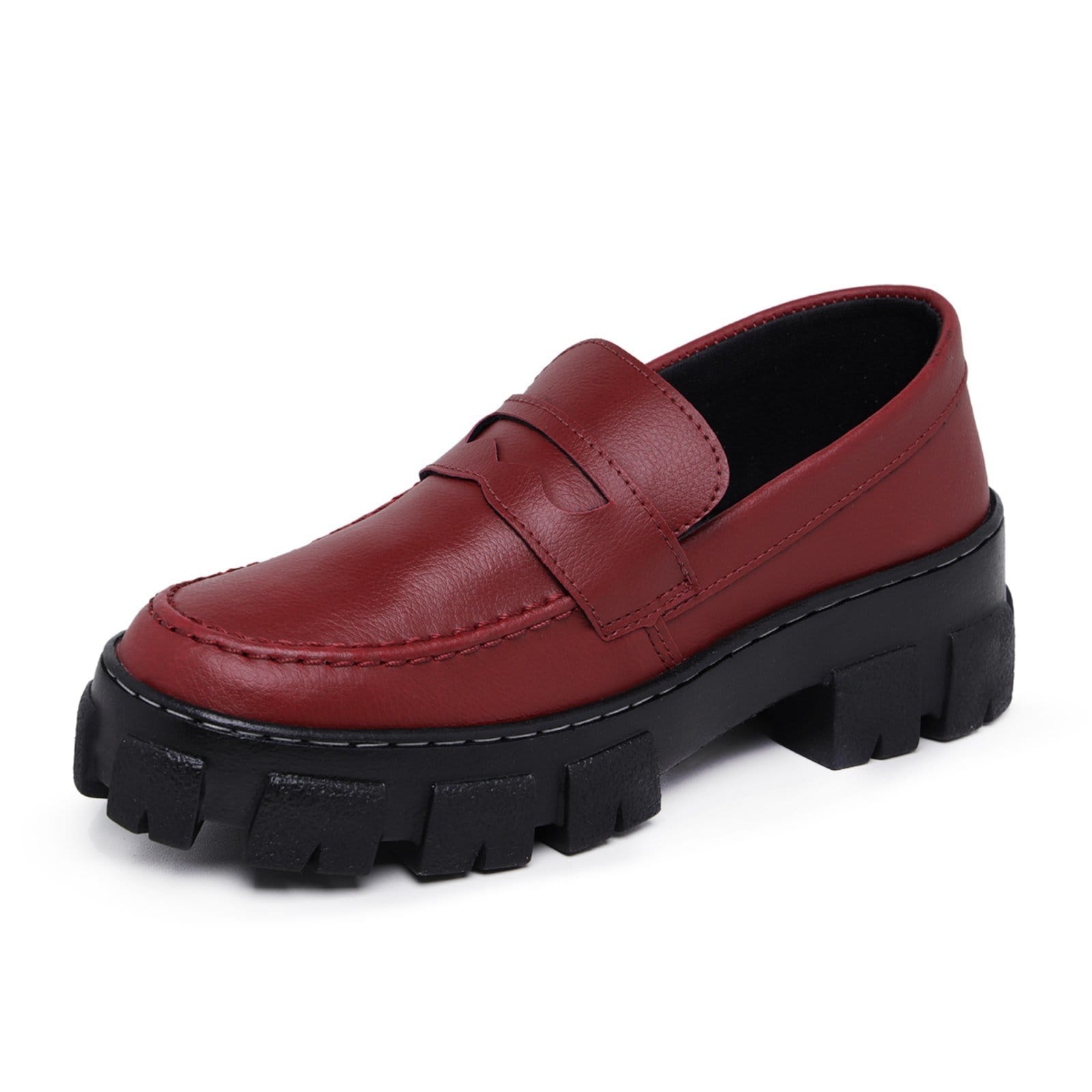 Vista 2 Sapato Mocassim Tratorado Oxford Feminino Bordô Bia Ramos vermelho
