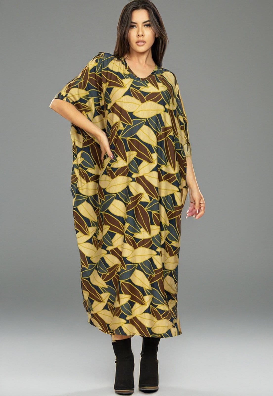 Vestido Cabanafree Kaftan Malha Saruel Estampa Folhas de Outono