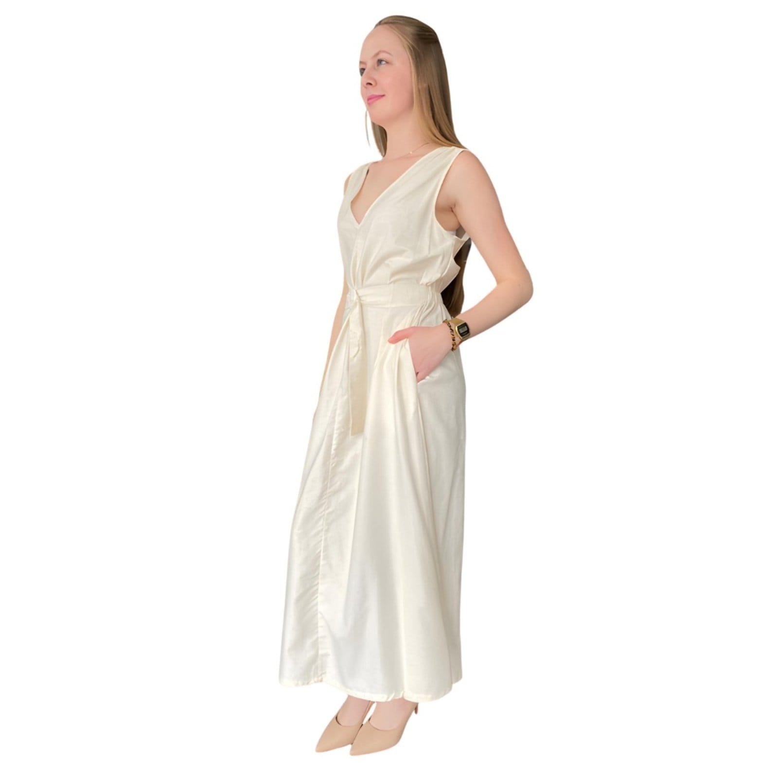 Vista 2 Vestido Solto Maxi Midi Flor de Lis bege