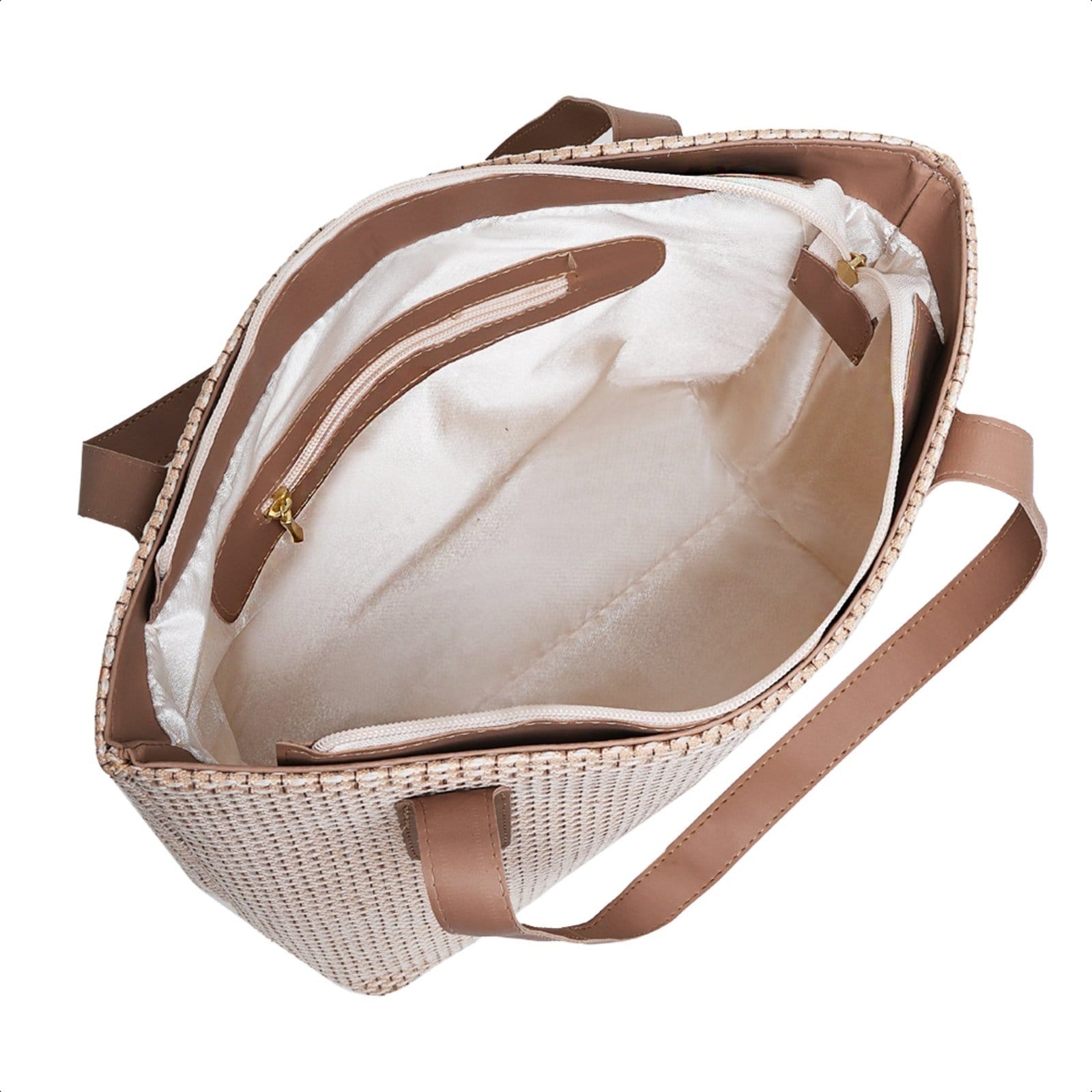 Vista 2 Bolsa Sacola Feminina Palha Com Zíper e Alça De Ombro Moda Praia Verão Festa Elegante CARMELO SHOES bege