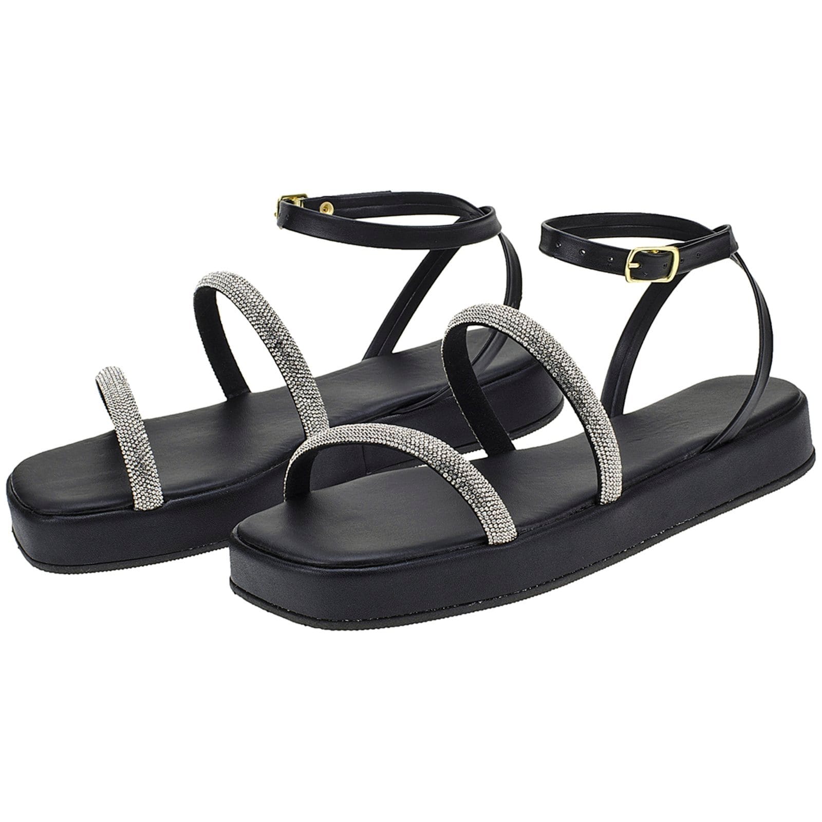 Vista 2 Sandalia Fem Flatform Strass Moda Conforto CIA DOS PASSOS preto