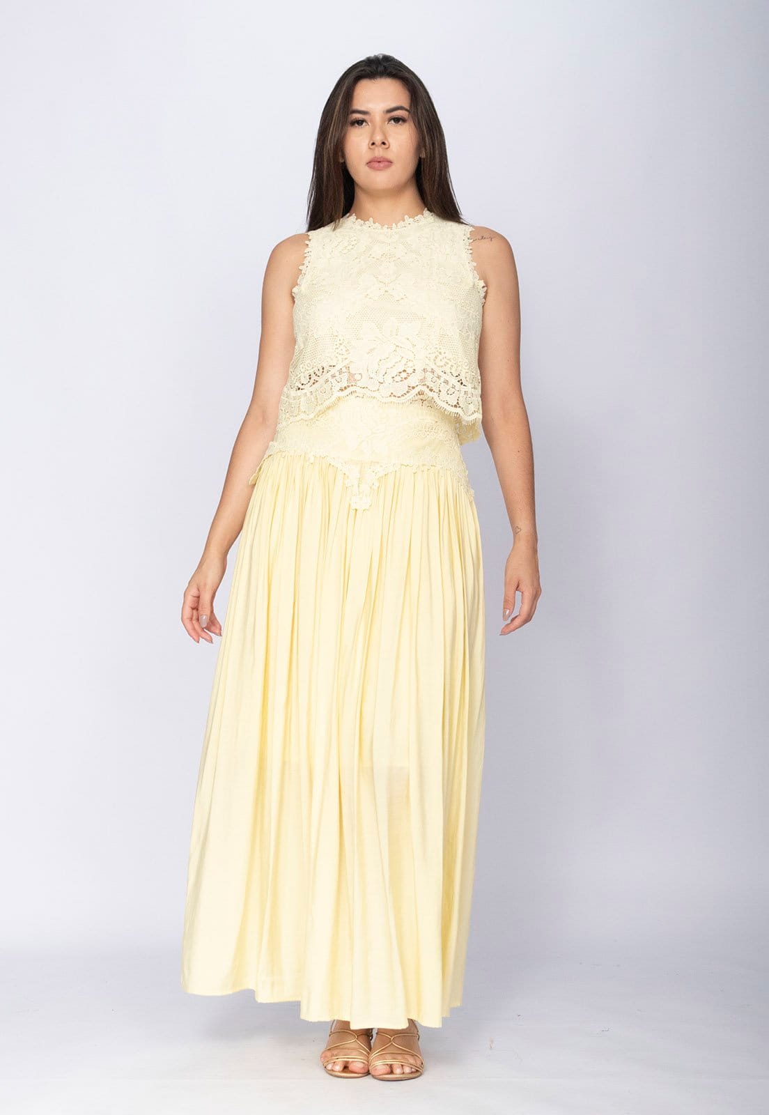 Conjunto Amazonia Vital de Saia e Croped Essência da Mata Renda Capim Dourado