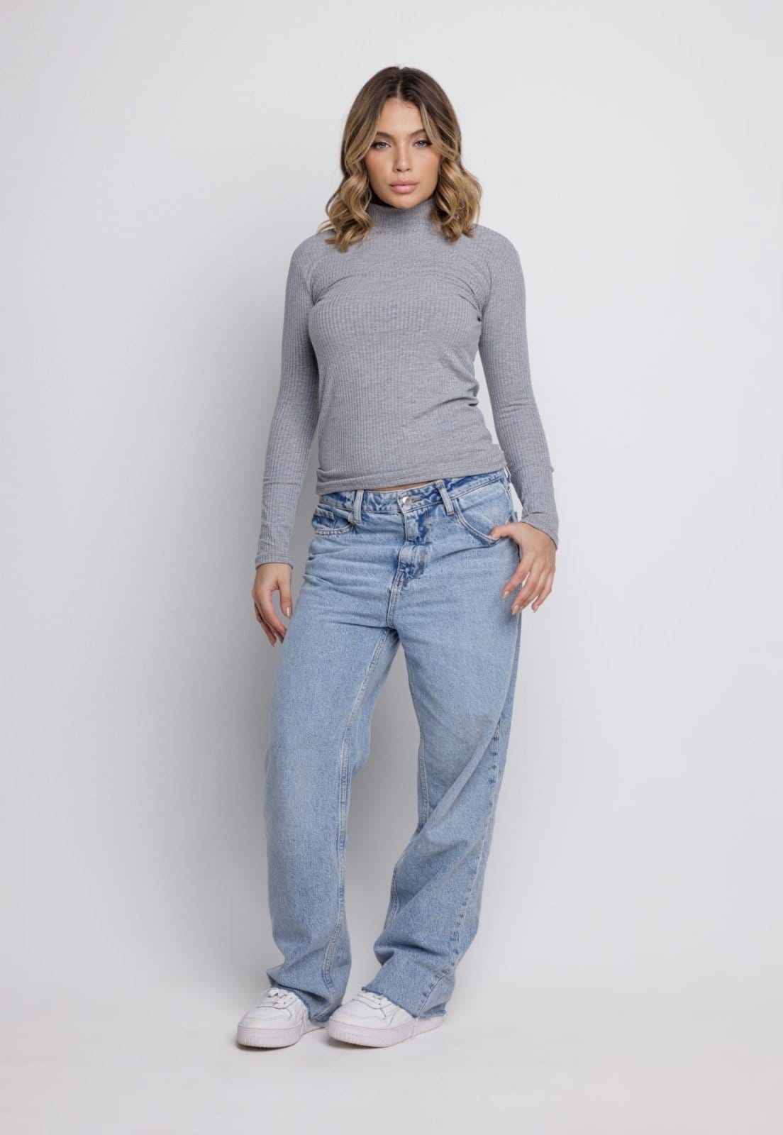 Vista 2 Blusa Canelada Vekyo Manga Longa Gola Alta Feminina Casual VEKYO cinza