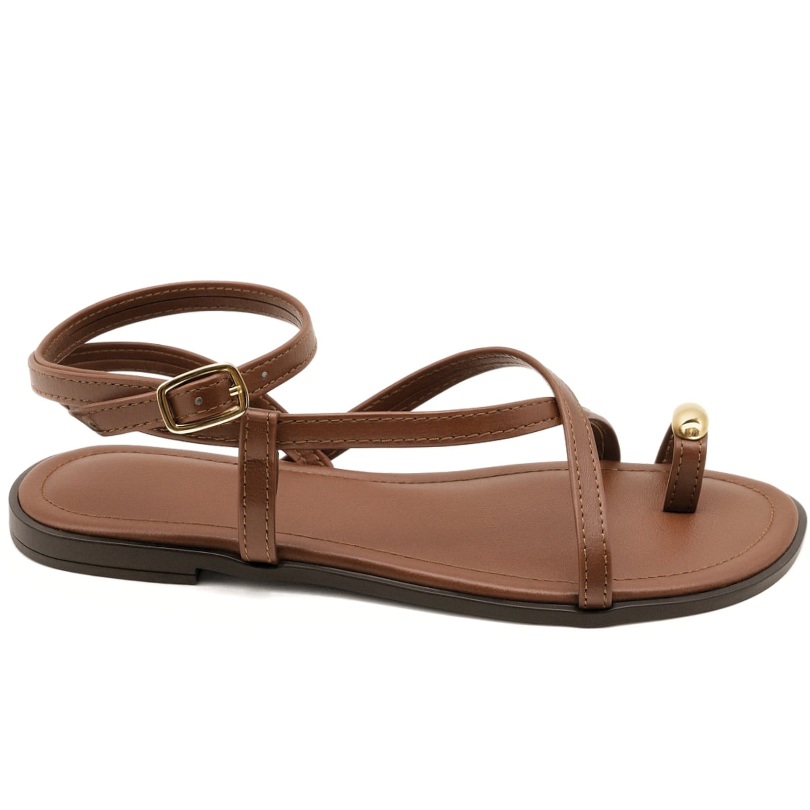 Vista 2 Rasteira Feminina Com Tiras Finas Cruzadas Anel de Dedo Leve e Sofisticada Cacau 307 Flor da Pele marrom