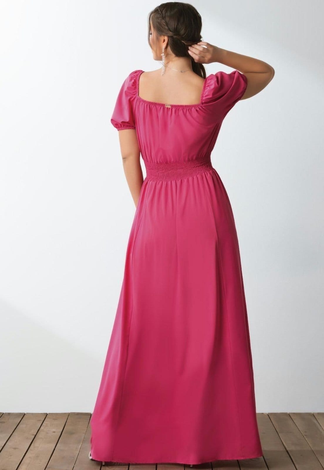 Vista 2 Vestido Decote Quadrado E Fenda Na Saia Quintess rosa