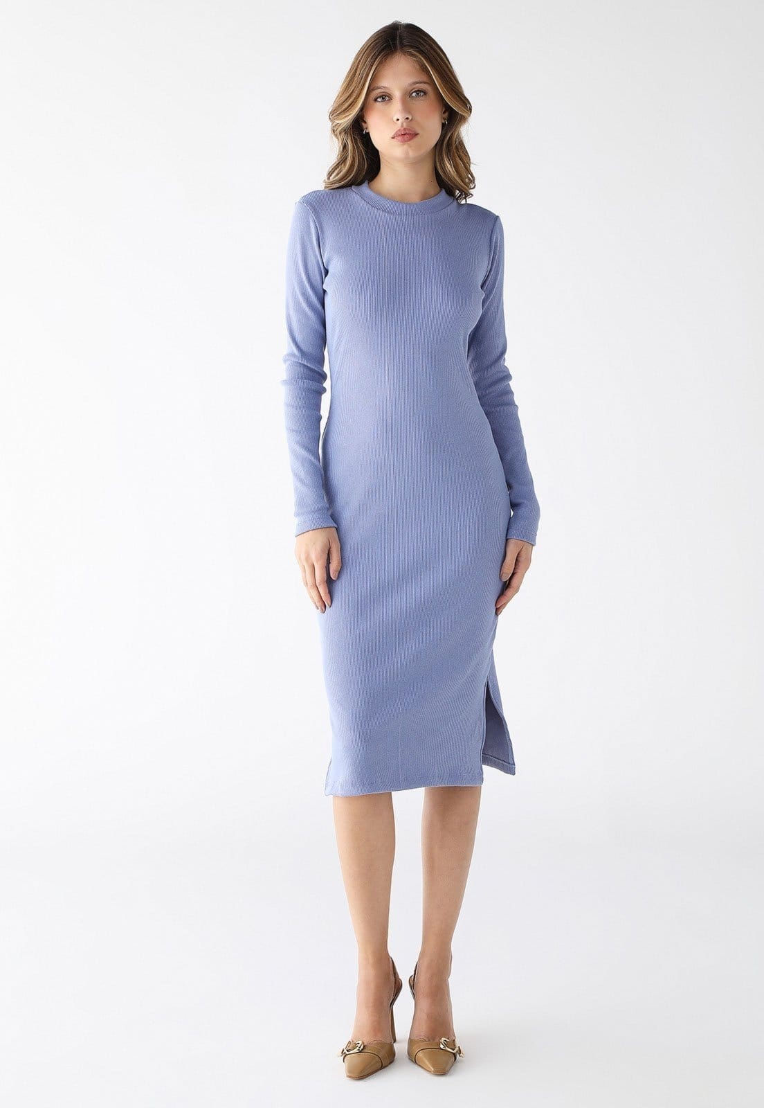 Vestido Midi Manga Longa Levosch Fendas Laterais Azul Serenity