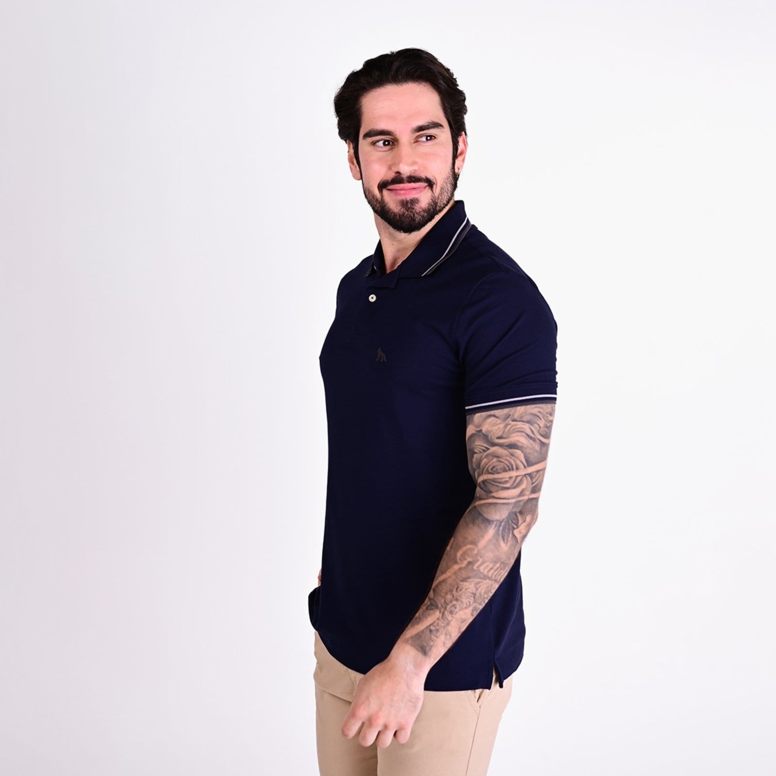 Vista 2 Camisa Polo Acostamento Piquet Frisos Marinho Acostamento azul marinho