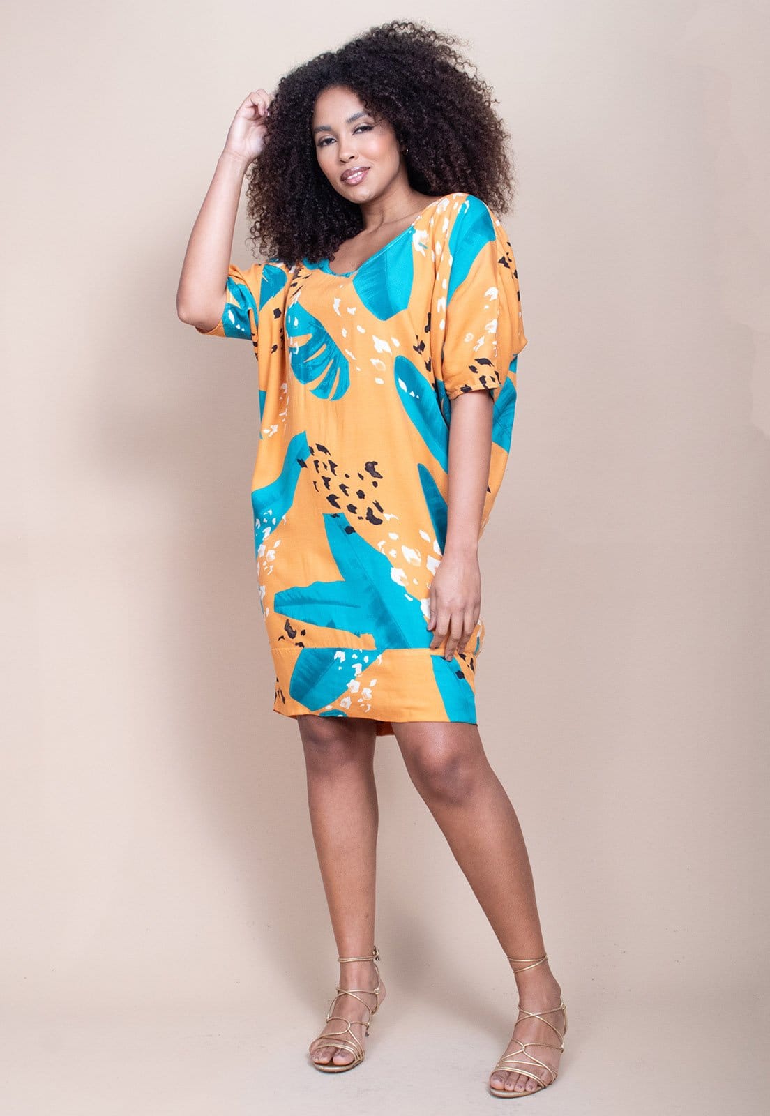 Vista 2 Vestido Cabanafree Curto Morcego Estampa Aurora Botanica Cabanafree azul/estampado/preto