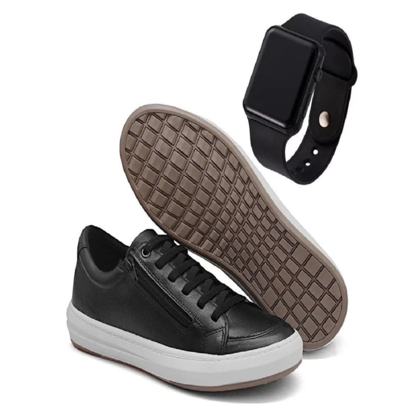 Tênis Casual Sapatênis Em Couro Calce Fácil Zíper Lateral + SmartWatch Brinde