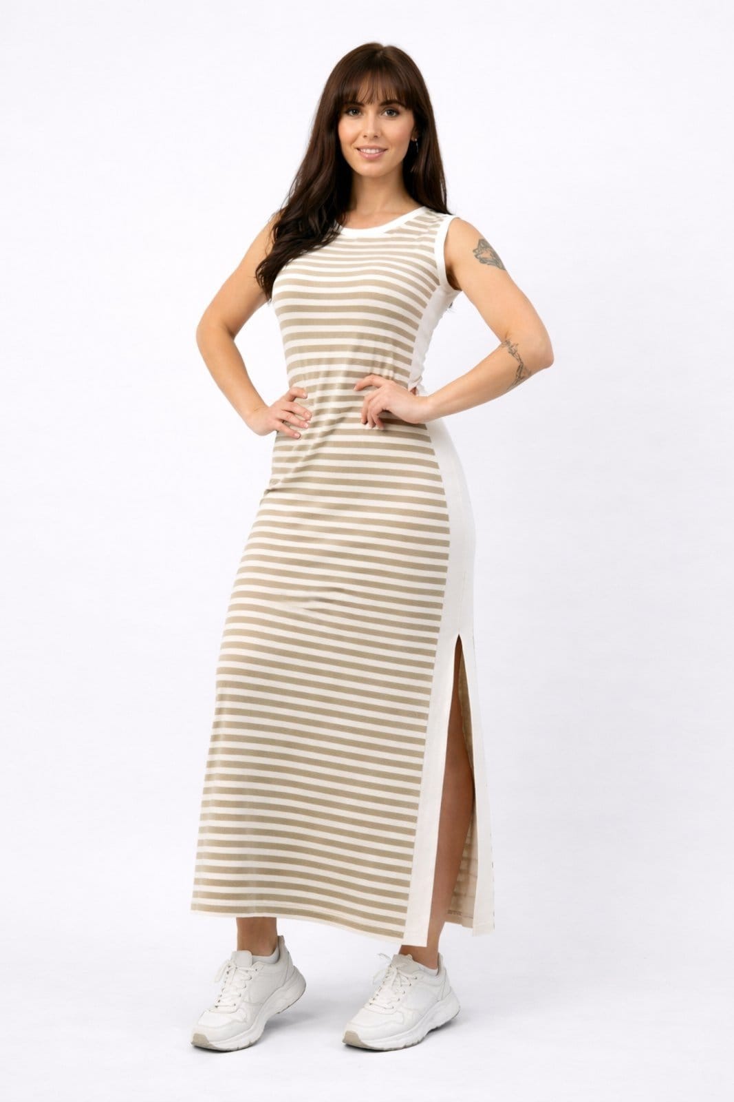 Vestido Longo Bicolor D Bell Outlet Fashion Fenda Listrado