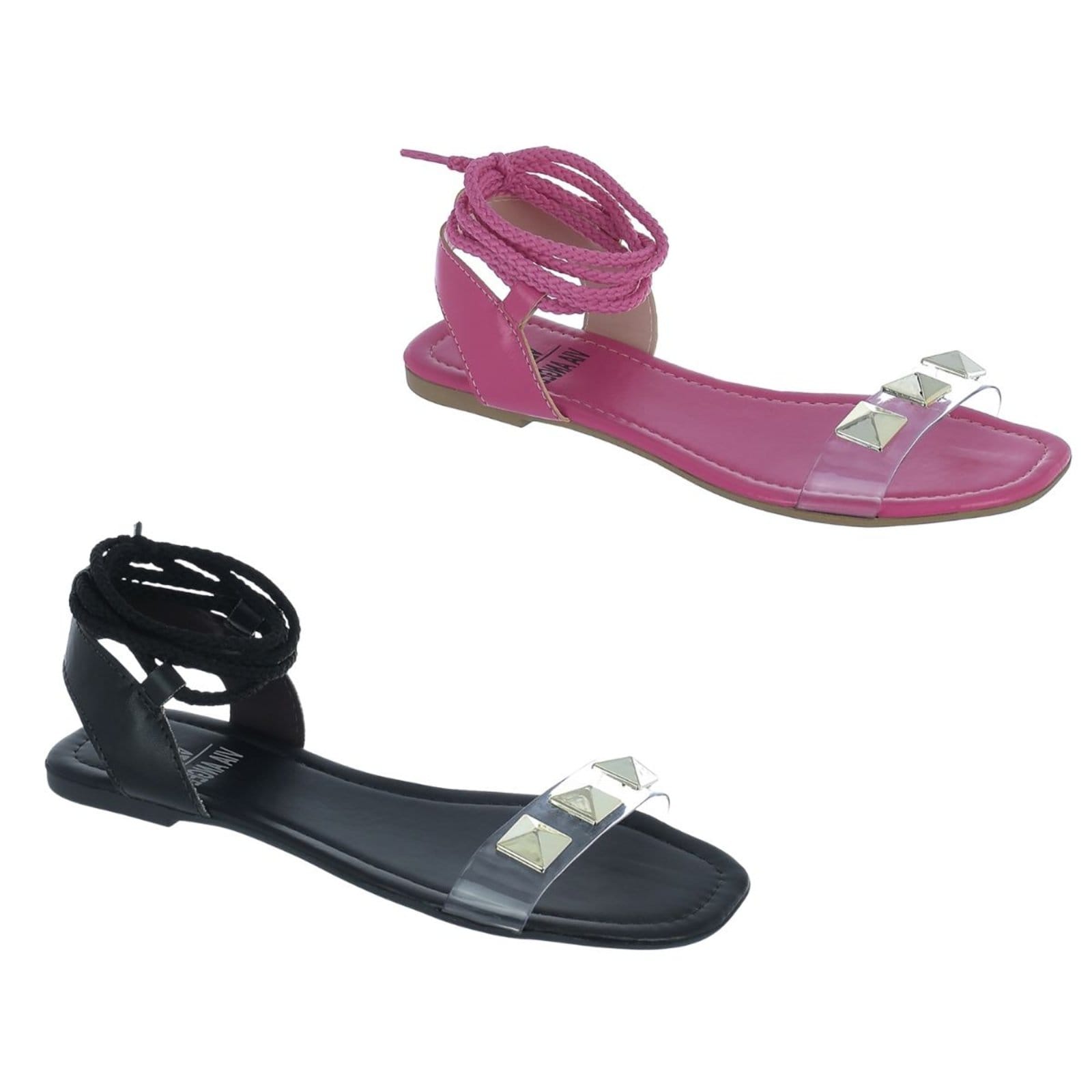 Kit 2 Sandália Rasteira Feminina Amarração Transparente Via Angel 5501 Preto e