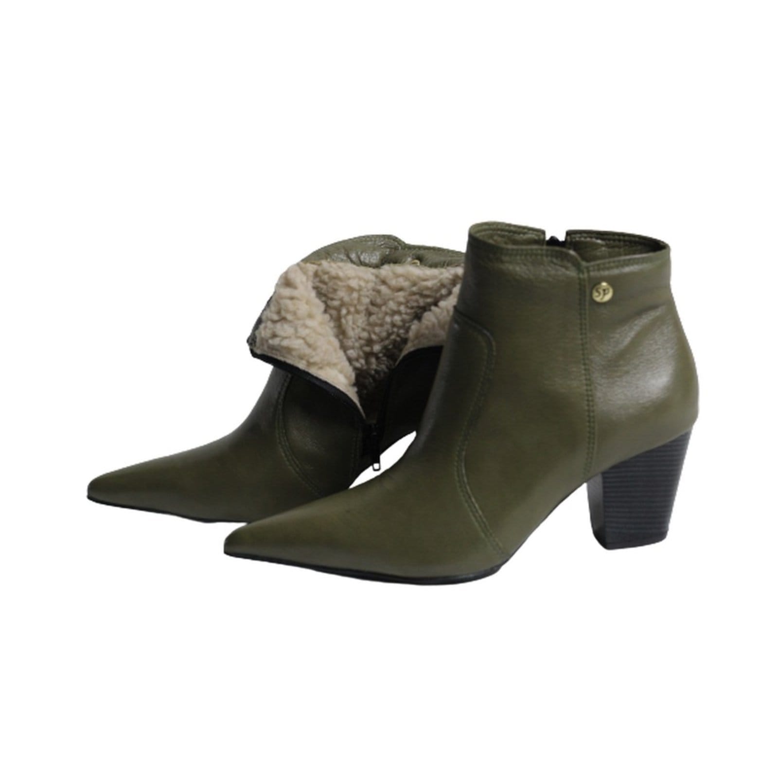 Bota Feminina em Lã Sintética Bico Fino Cano Curto Couro Salto 6 CM Verde