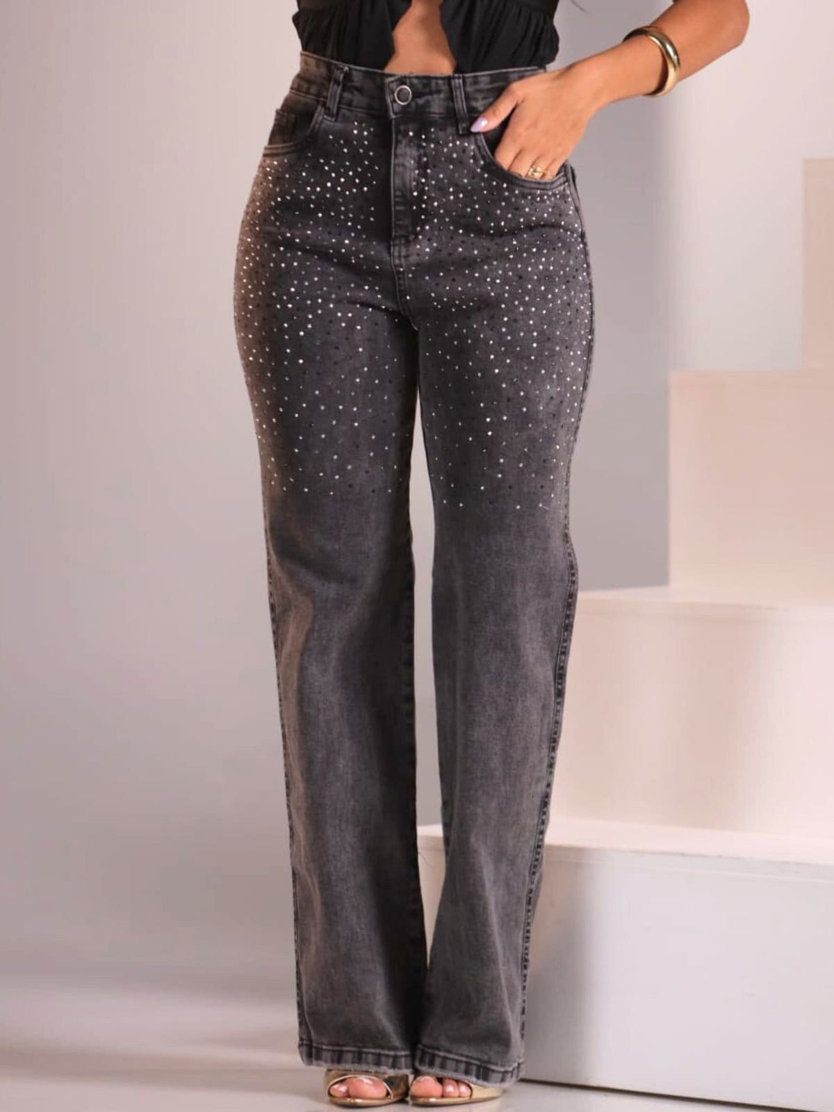 Calça Donna De Paula Wide Leg Grafite Com Brilhos Preto Prata E Elastano Feminino