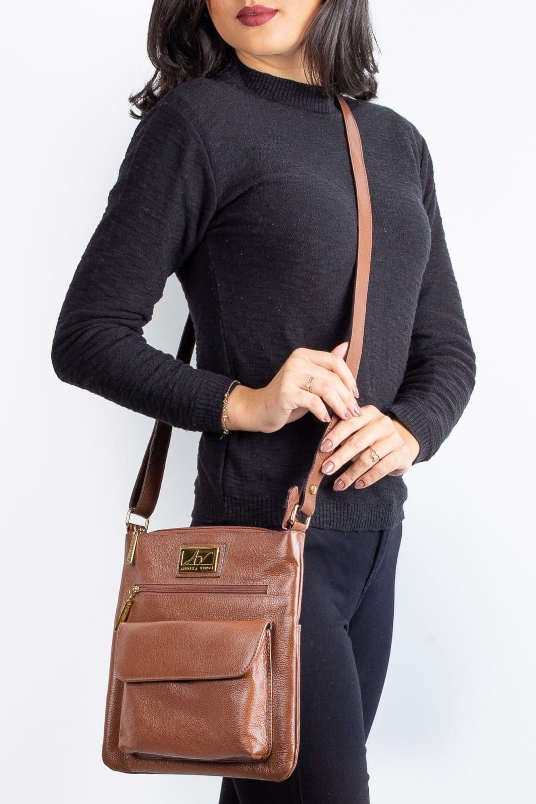 Bolsa transversal de couro liso Karen - Whisky