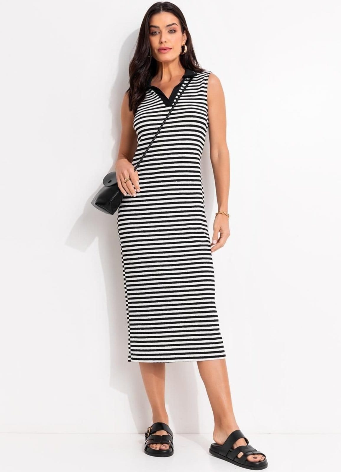 Vestido Em Meia Malha Quintess Listrado E Branco