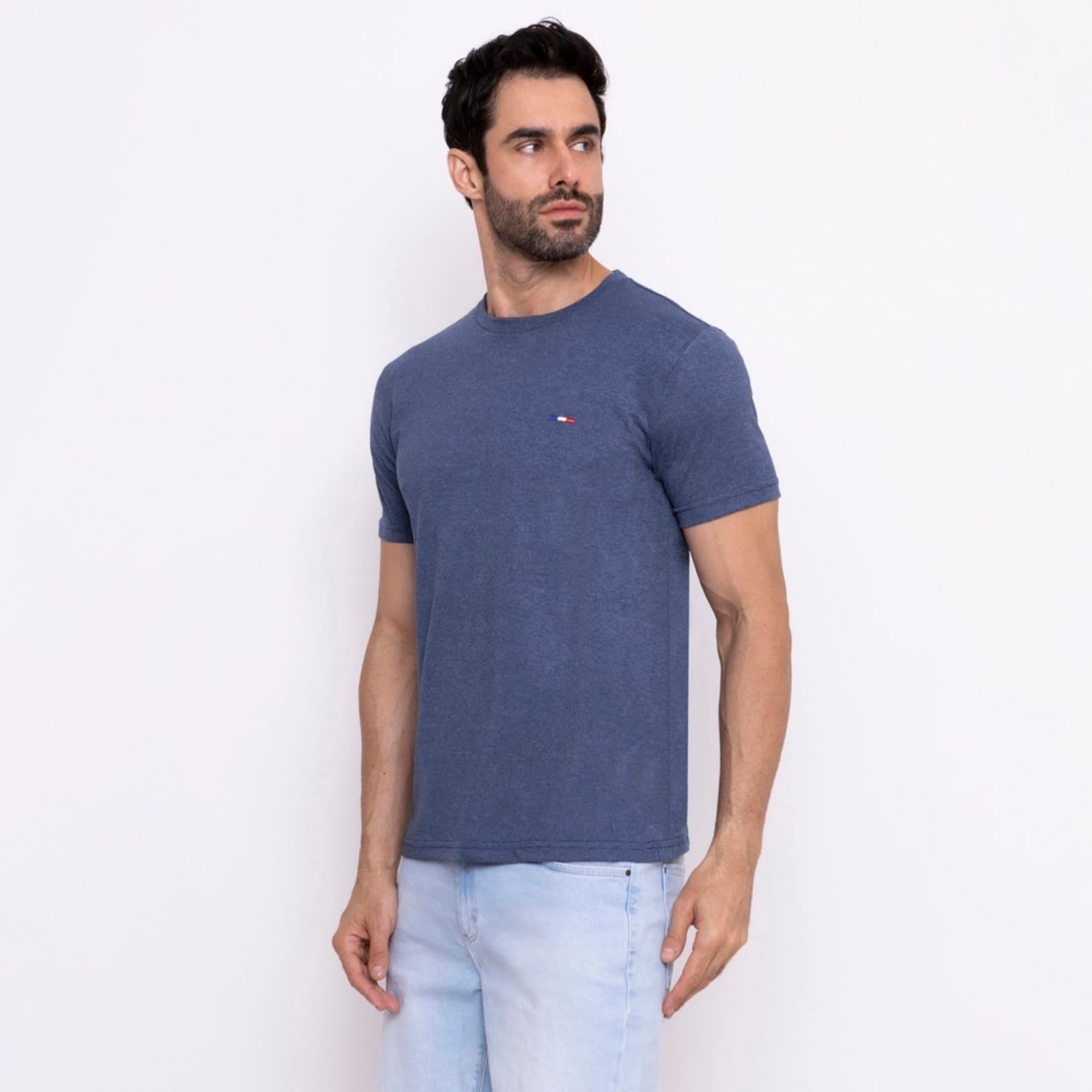 Camisetas FMF Básicas Masculina Industrie em Algodão Premium no Estilo Tommy Bordado França Azul Mescla
