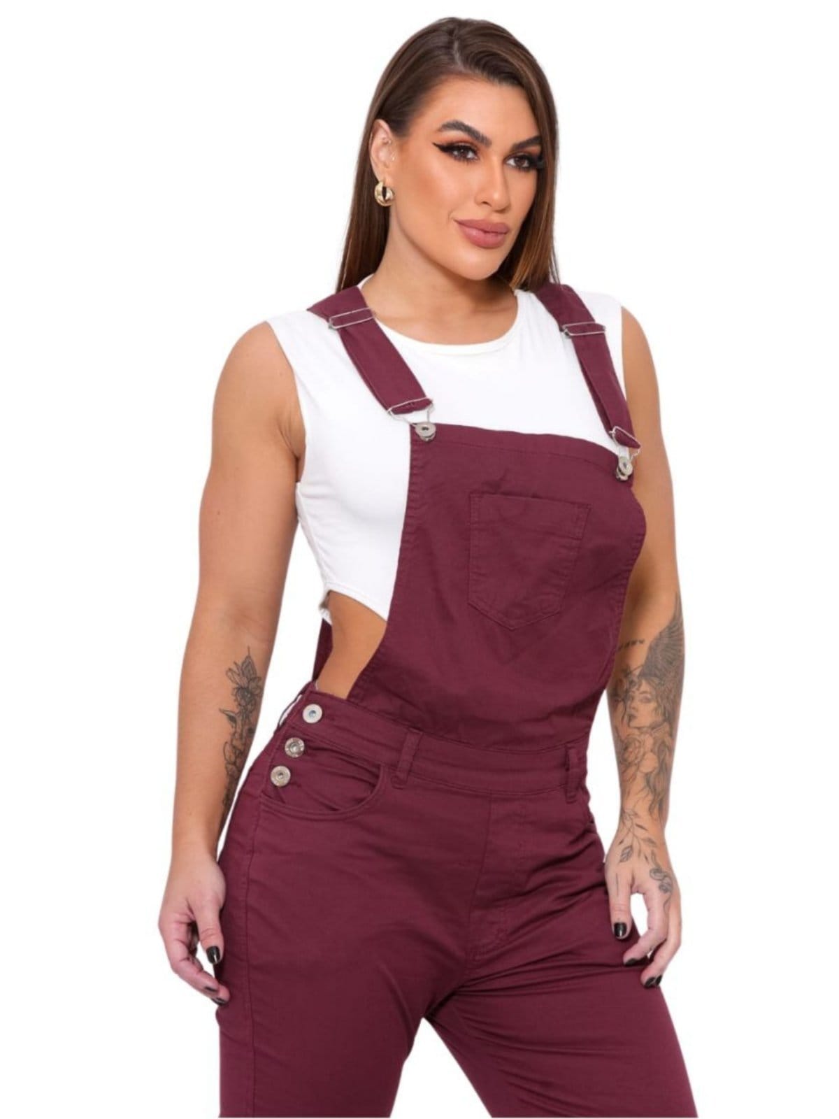 Vista 2 Macacão Feminino Jeans Light Jardineira JEANS LIGHT vinho