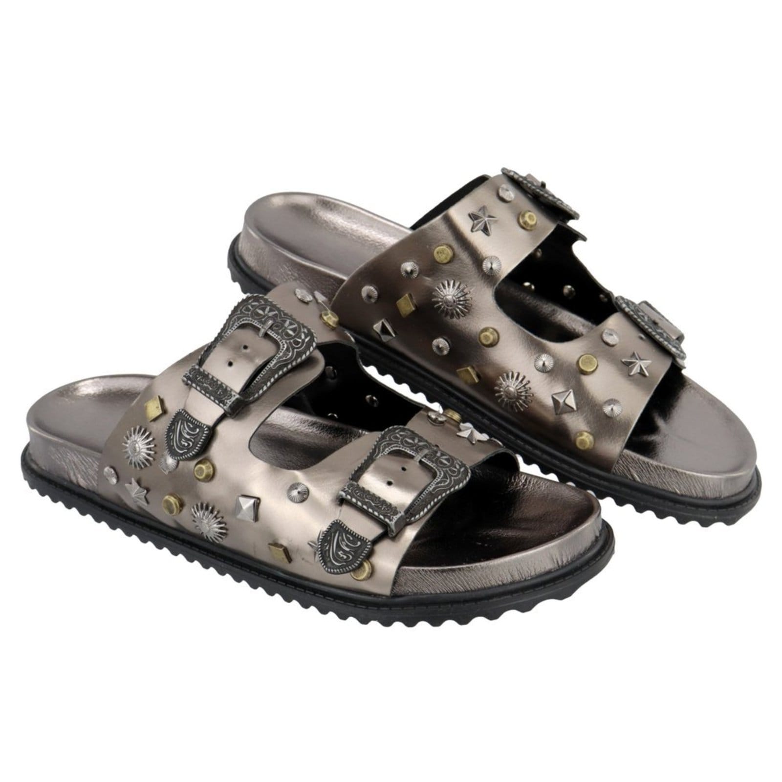 Vista 2 Papete Rasteira Feminina Paula B Com Aplicações de Metais E Fivela Estilo Retro Palmilha Confort PAULA B prata velho