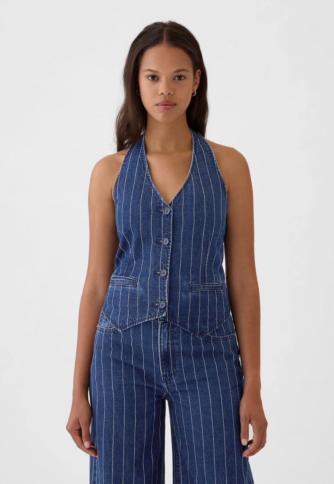 Colete Jeans GAP Slim Risca de Giz Azul-Marinho