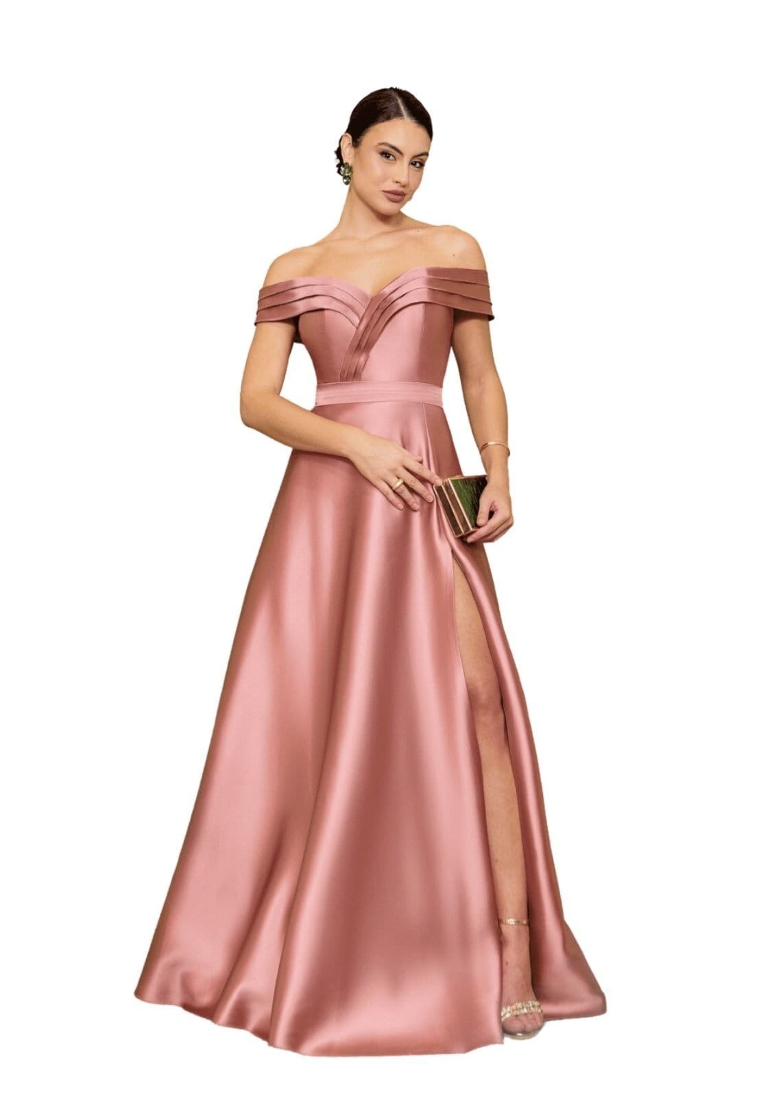 Vista principal Vestido Longo de Festa Madrinhas Princesa Ombro à Ombro com Fenda Elegante Madélyn Cia do Vestido rosê