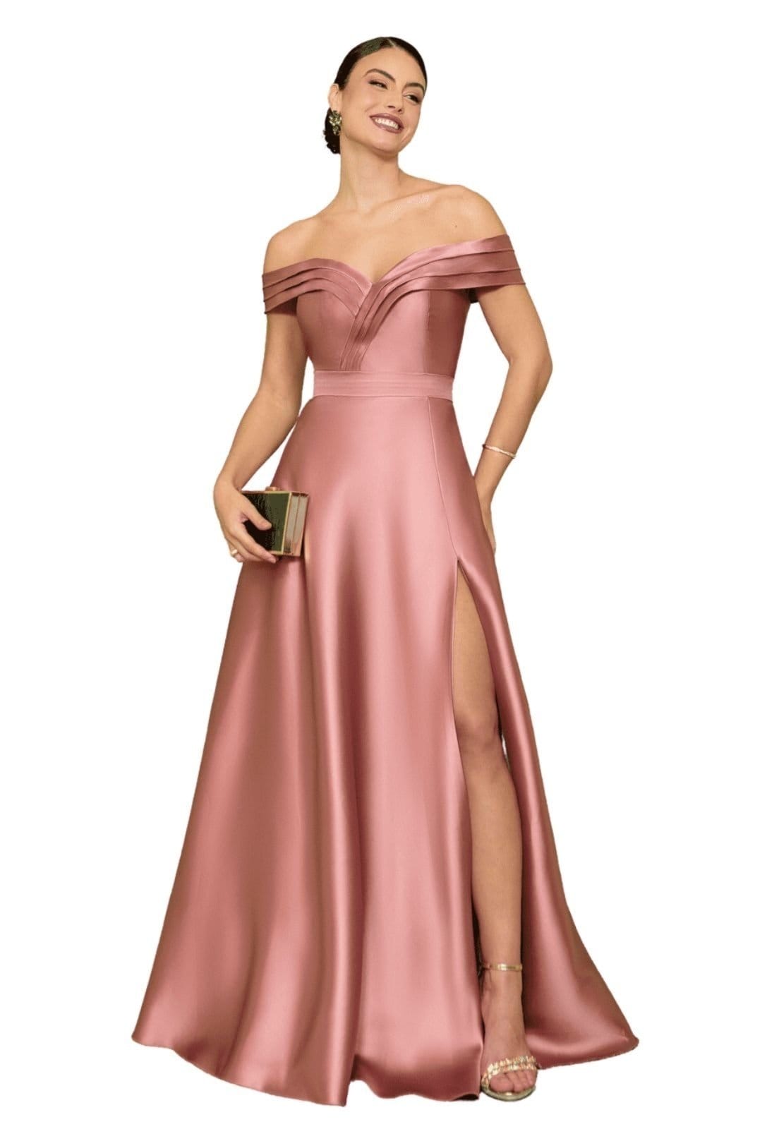 Vista 2 Vestido Longo de Festa Madrinhas Princesa Ombro à Ombro com Fenda Elegante Madélyn Cia do Vestido rosê