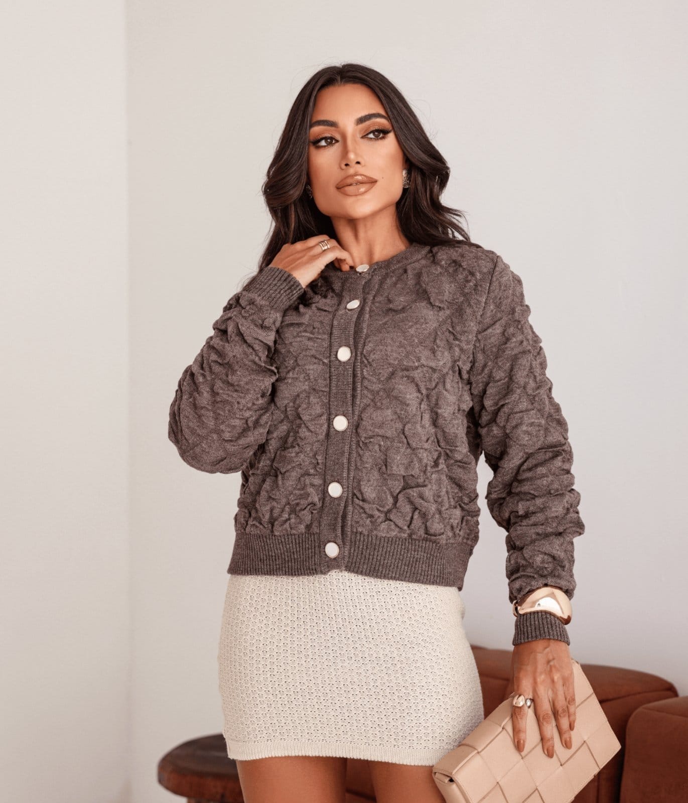 Jaqueta Bomber Cherry Line Feminino Tricô Botão Castor